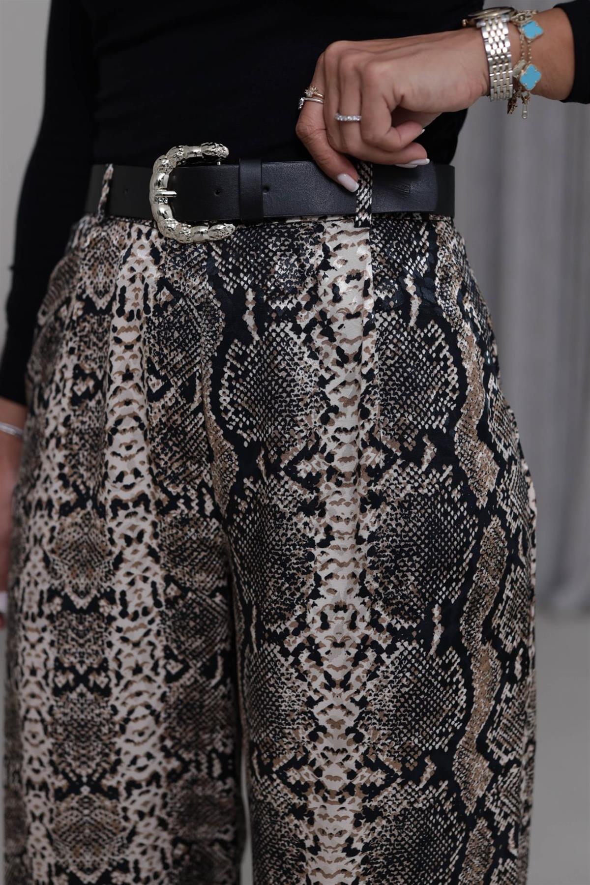 1138 Yılan Desenli Kemerli Saten Pantolon SİYAH-KAHVE