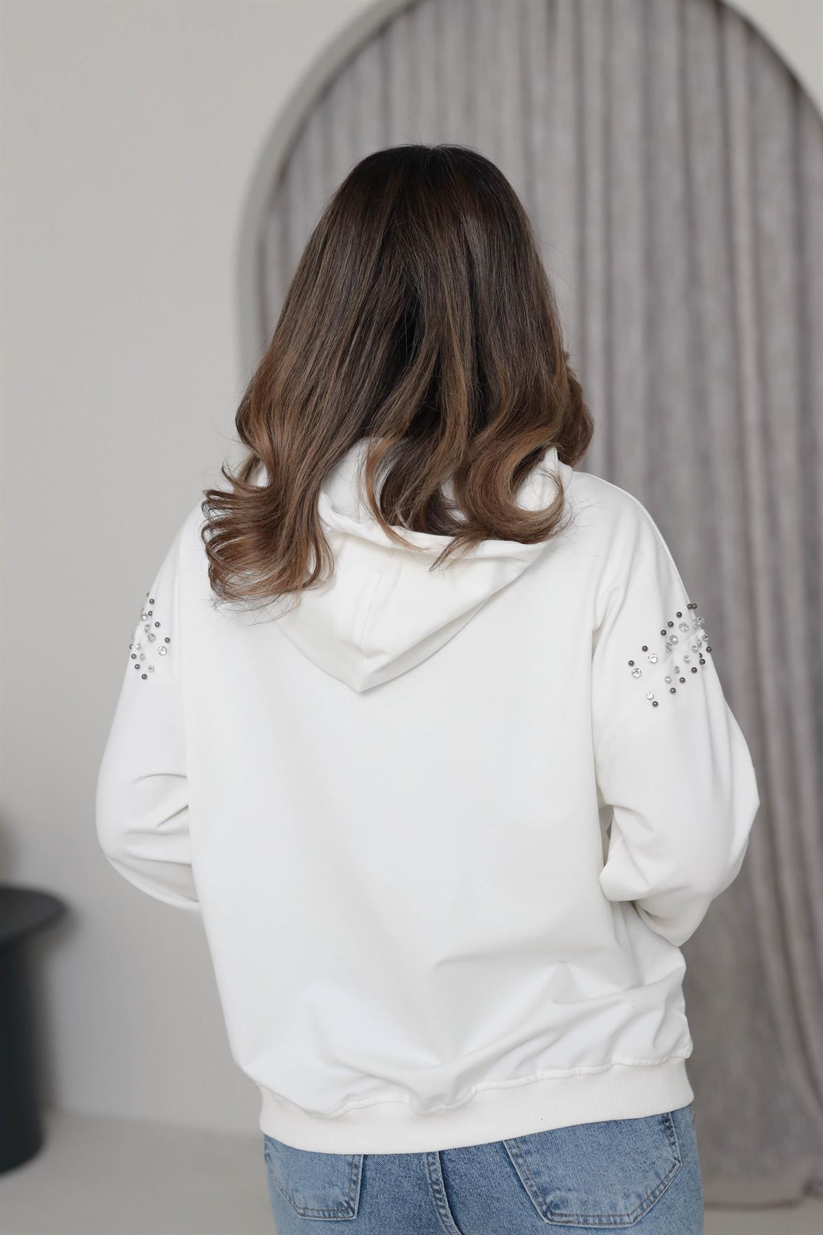 5294 Fermuarlı Kolları Taşlı Kapşonlu Sweatshirt EKRU