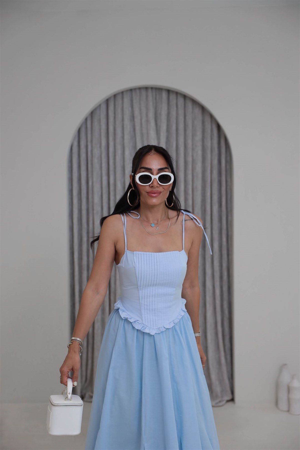 4192 Nervürlü Bağcık Askılı Korse Bluz BEBE MAVİ