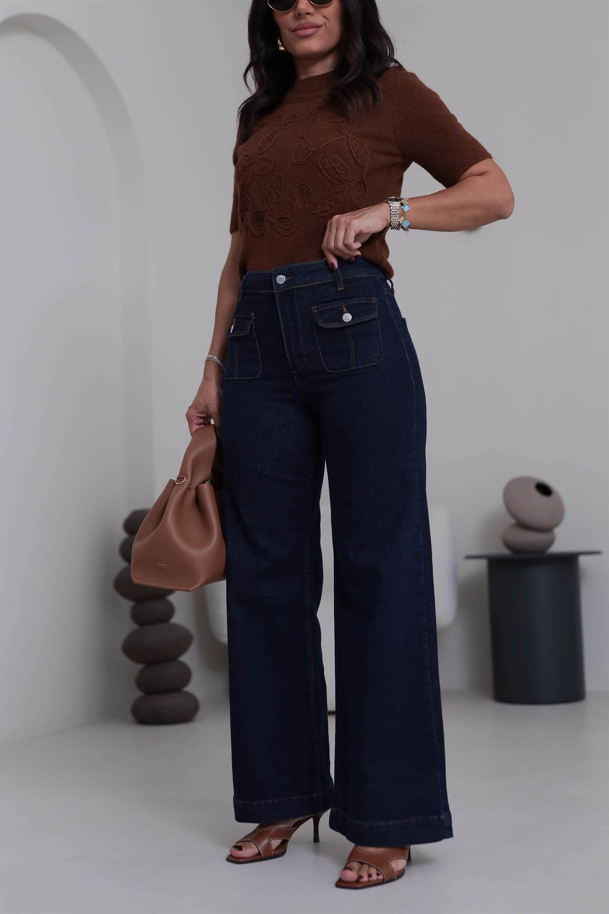 5754 Cep Kapaklı Bol Paça Likralı Jean LACİVERT