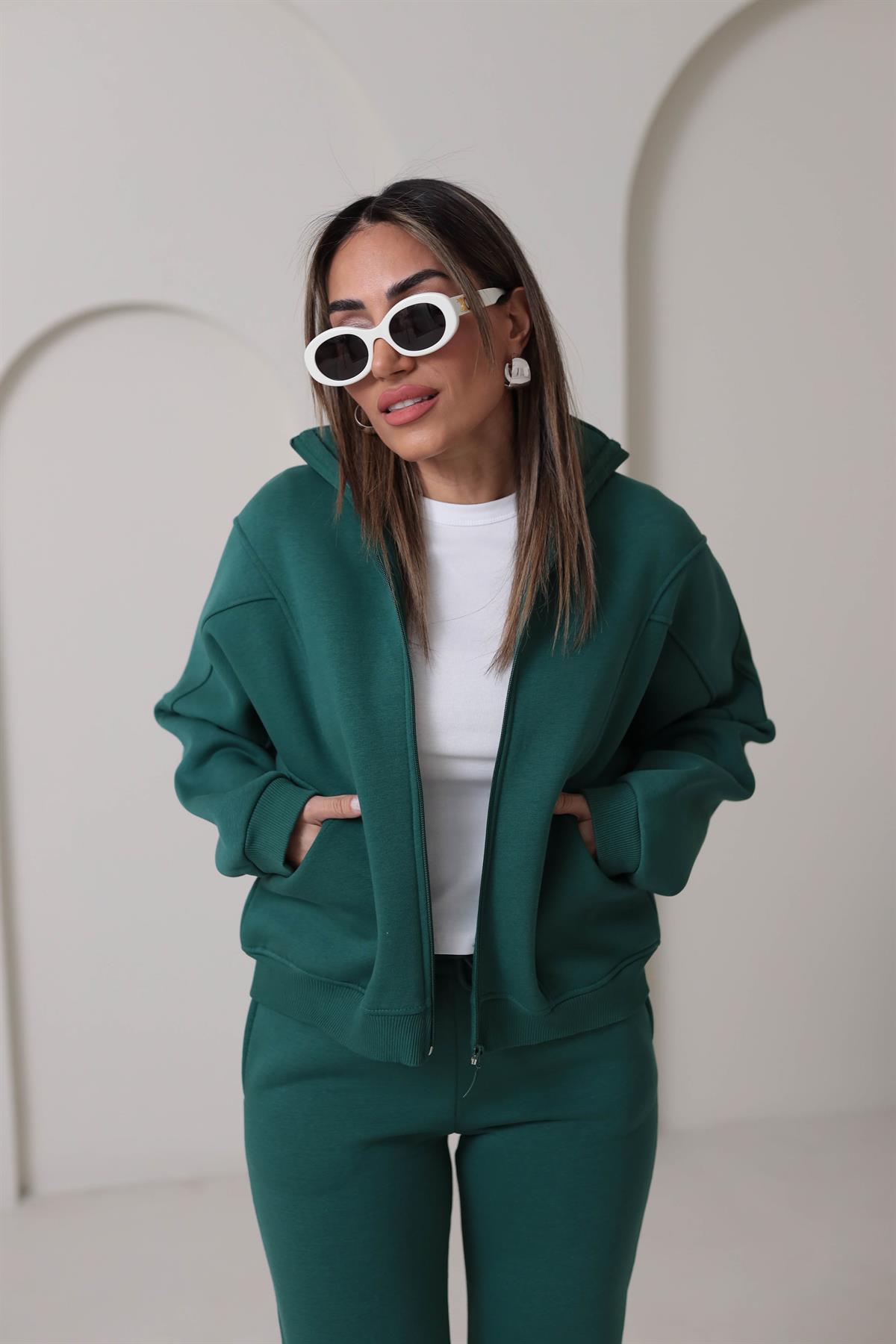 Fermuarlı 3iplik Şardonlu Takım YEŞİL