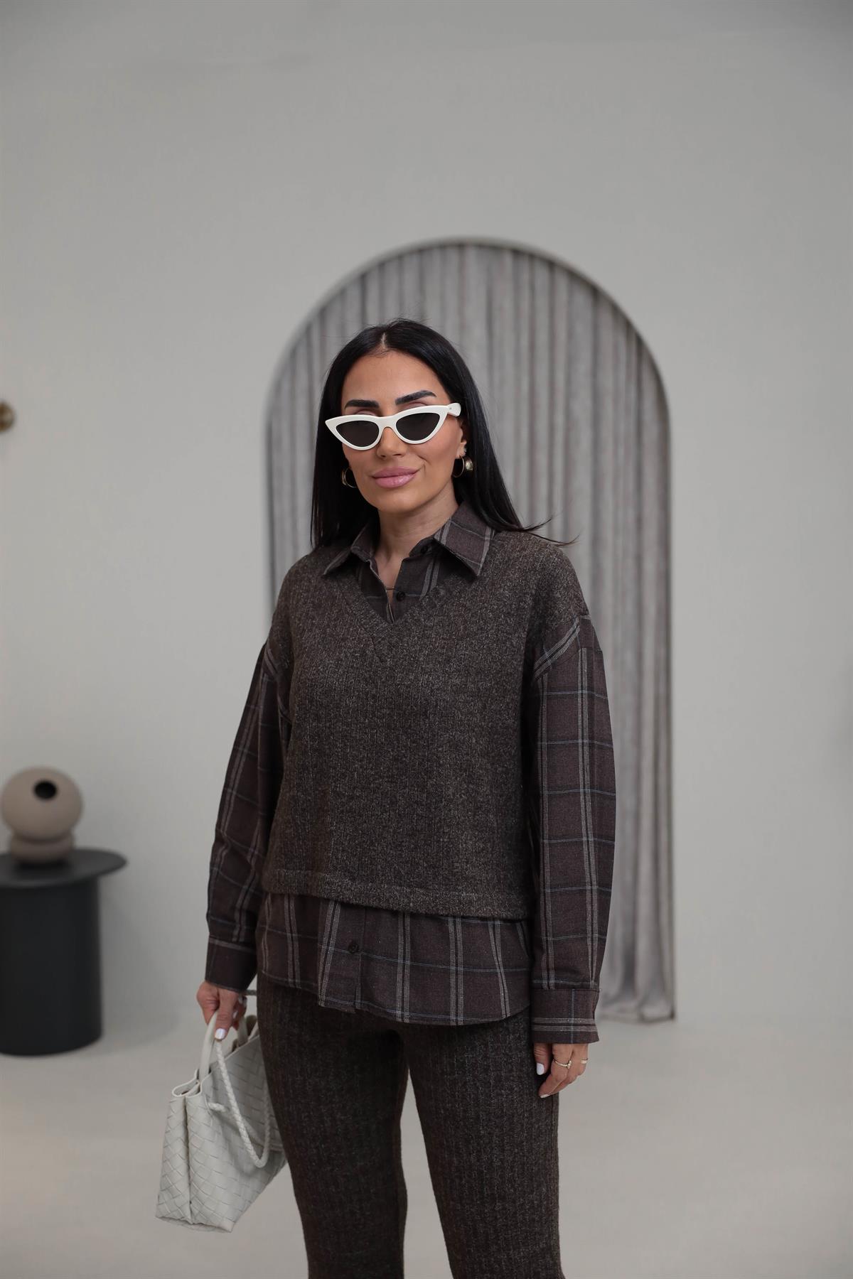 6596 Ekose Gömlek Detay Triko Takım KAHVE