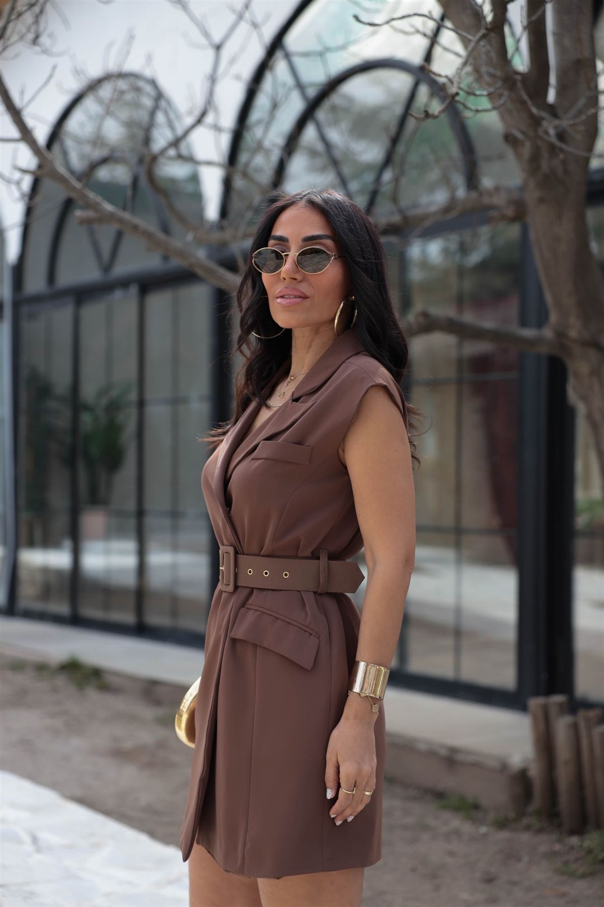 7281 Beli Kemerli Mini Elbise KAHVE