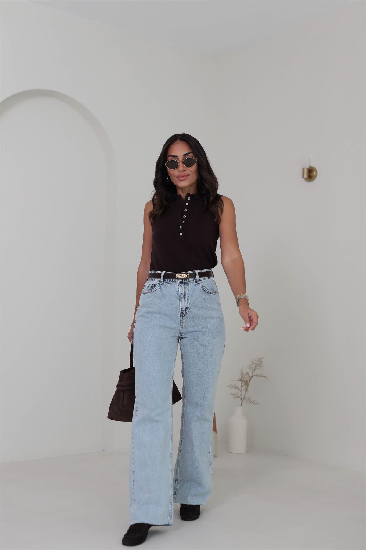 Polo Yaka Yarım Düğmeli Süveter KAHVE