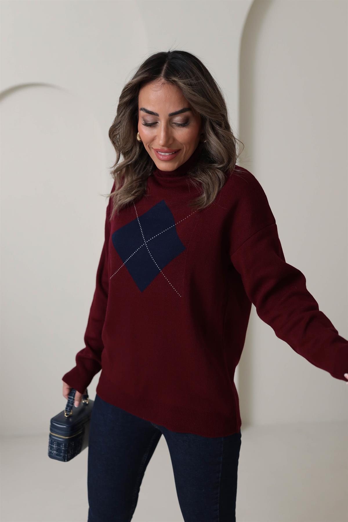 0060 Balıkçı Yaka Kare Desen Kazak BORDO