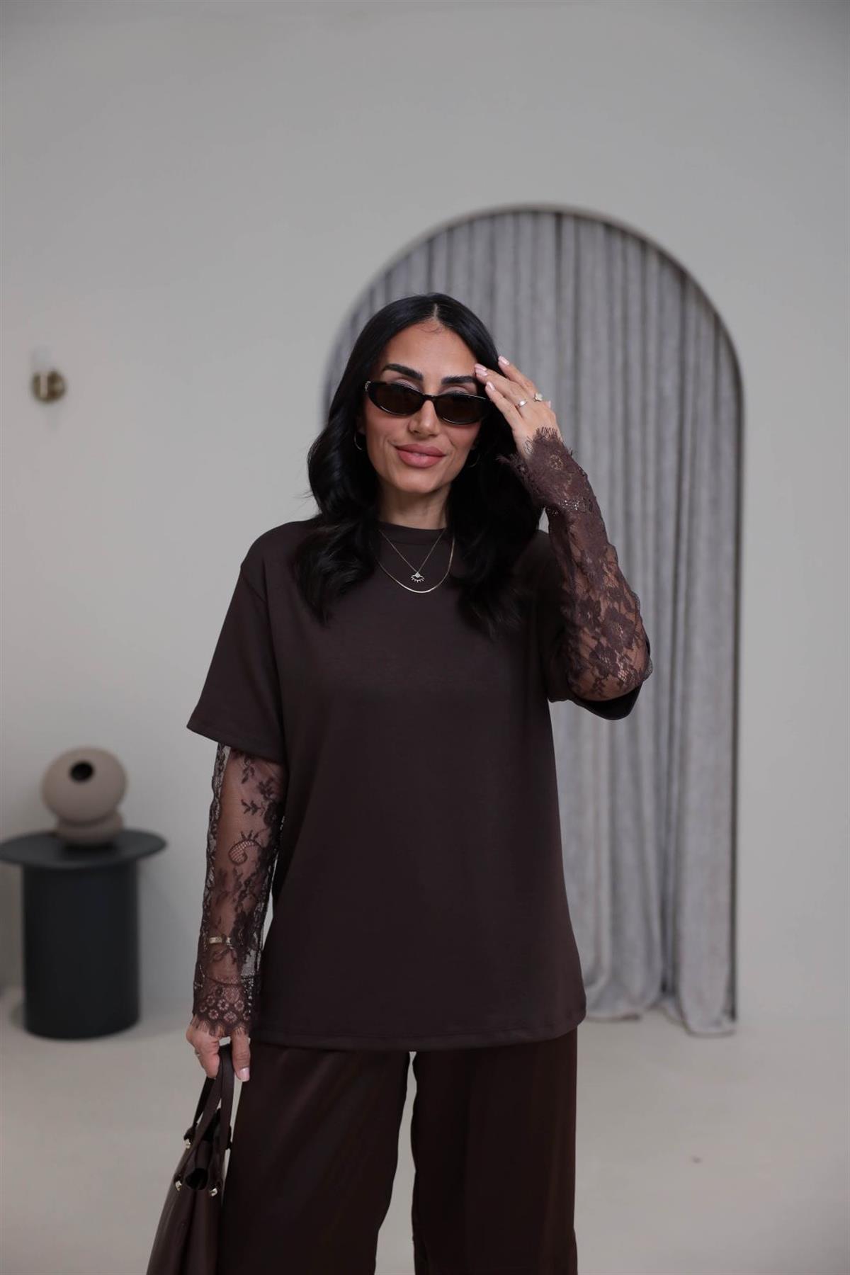 1049 Kolları Dantel Detaylı Modal Tshirt KAHVE