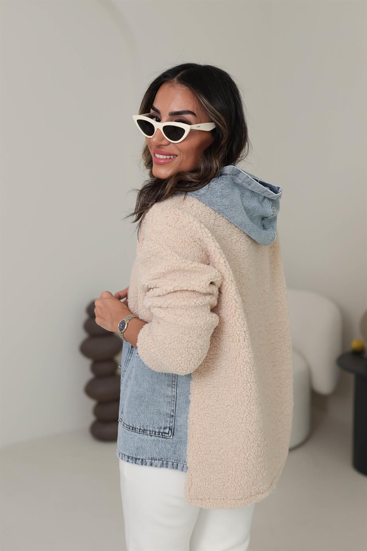 4163 Kot Garnili Kapşonlu Teddy Mont TAŞ