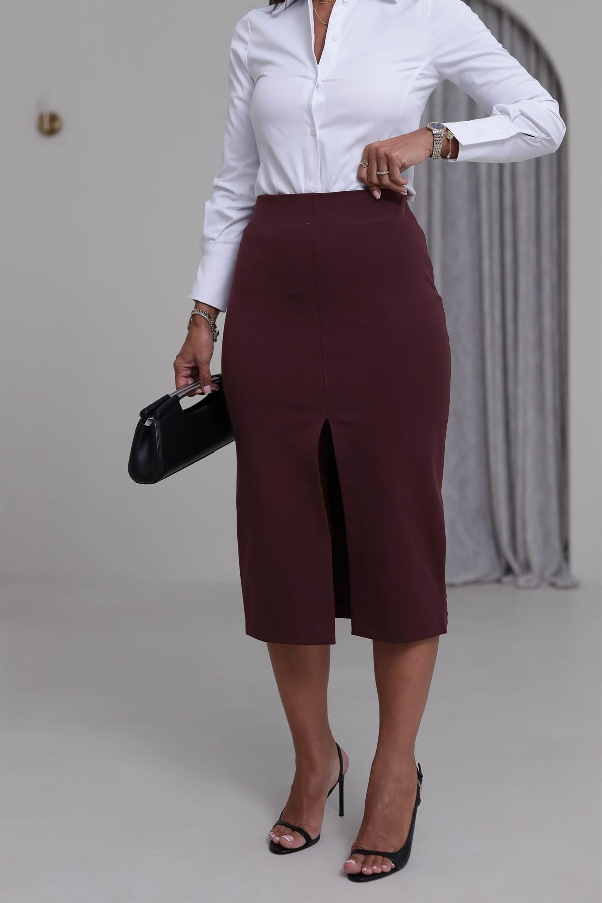 4866K Önden Yırtmaçlı Kalem Etek BORDO