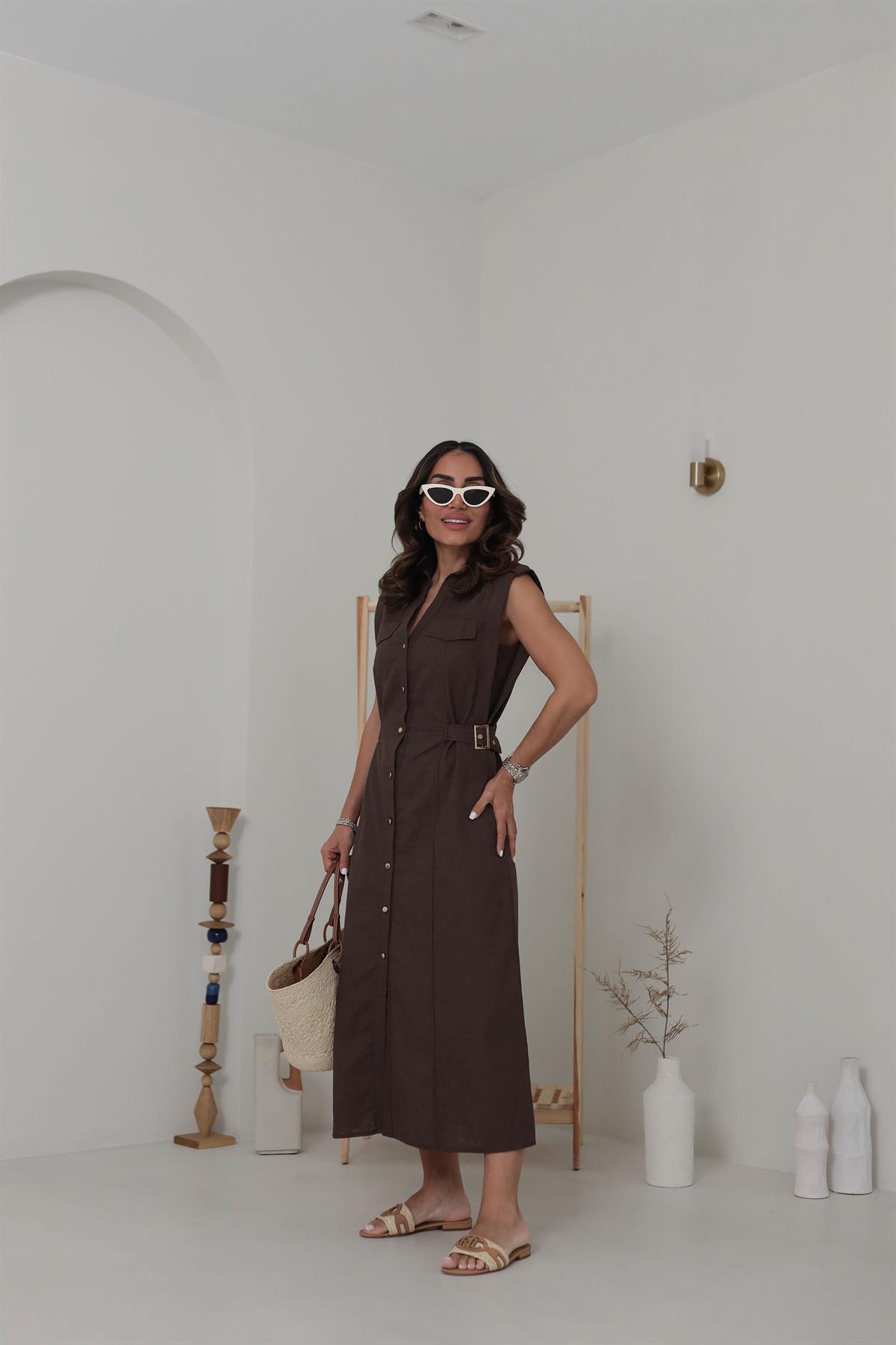0473 Yanı Tokalı Keten Elbise KAHVE