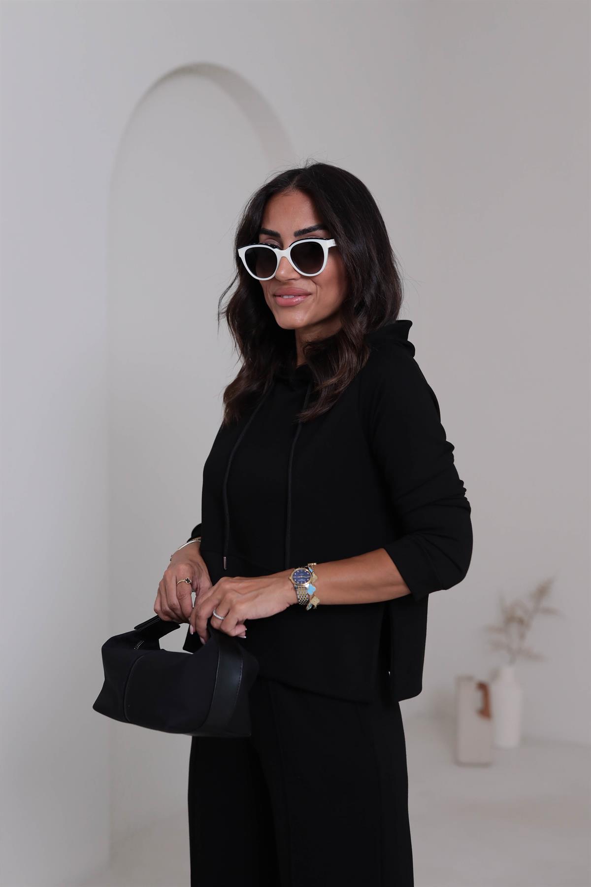 7327 Kapşonlu Yırtmaçlı Çimalı Modal Takım SİYAH