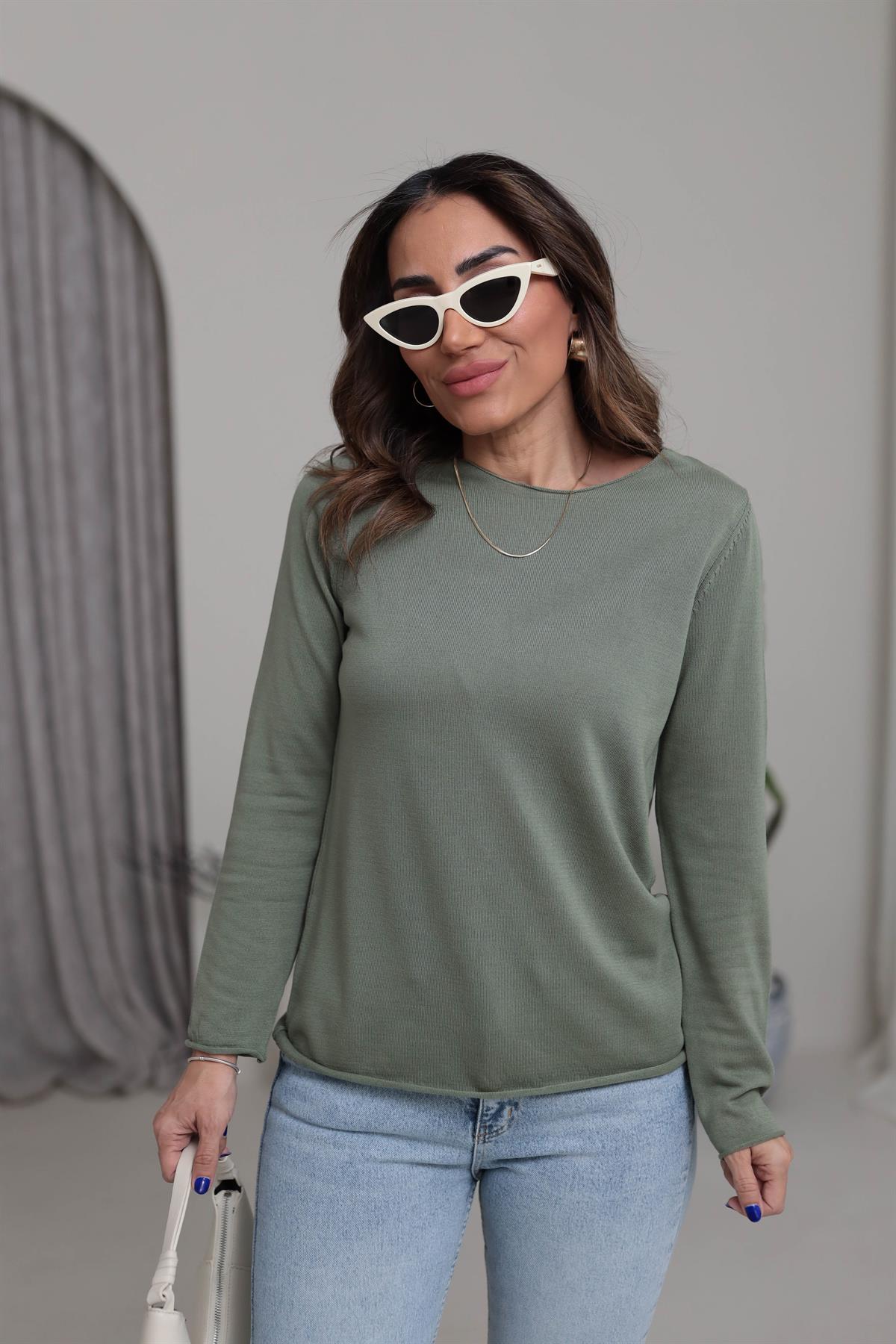 1061 Açık Yaka Uzun Kol İnce Triko HAKİ YEŞİL