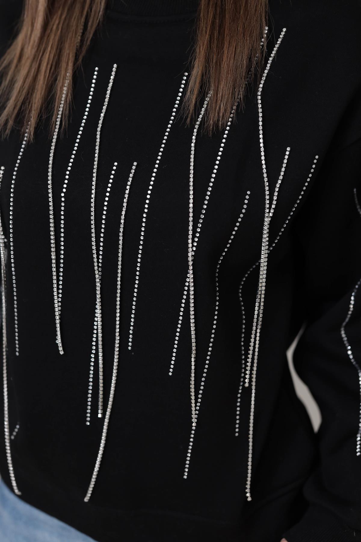 5653 Taş Zincir Detaylı Şardonlu Sweatshirt SİYAH