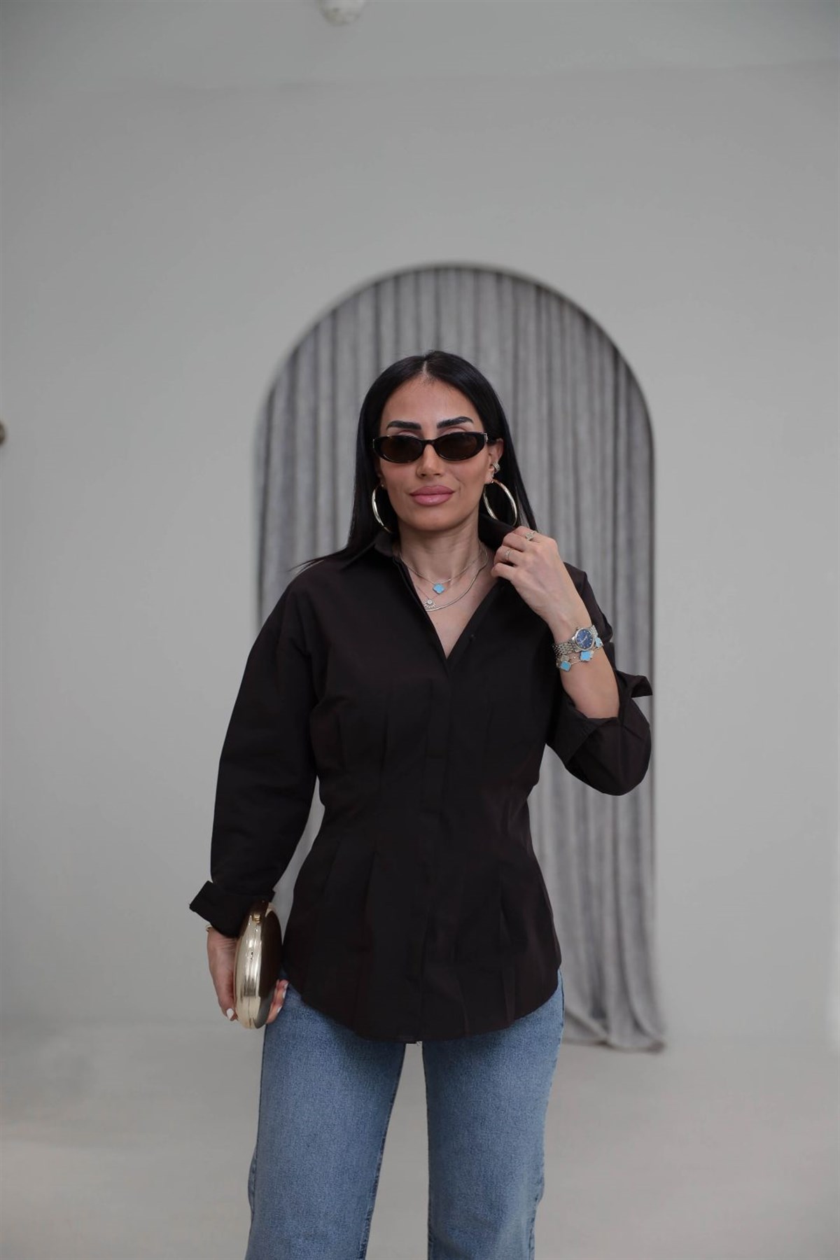 3013 Belden Oturtmalı Poplin Gömlek KAHVE