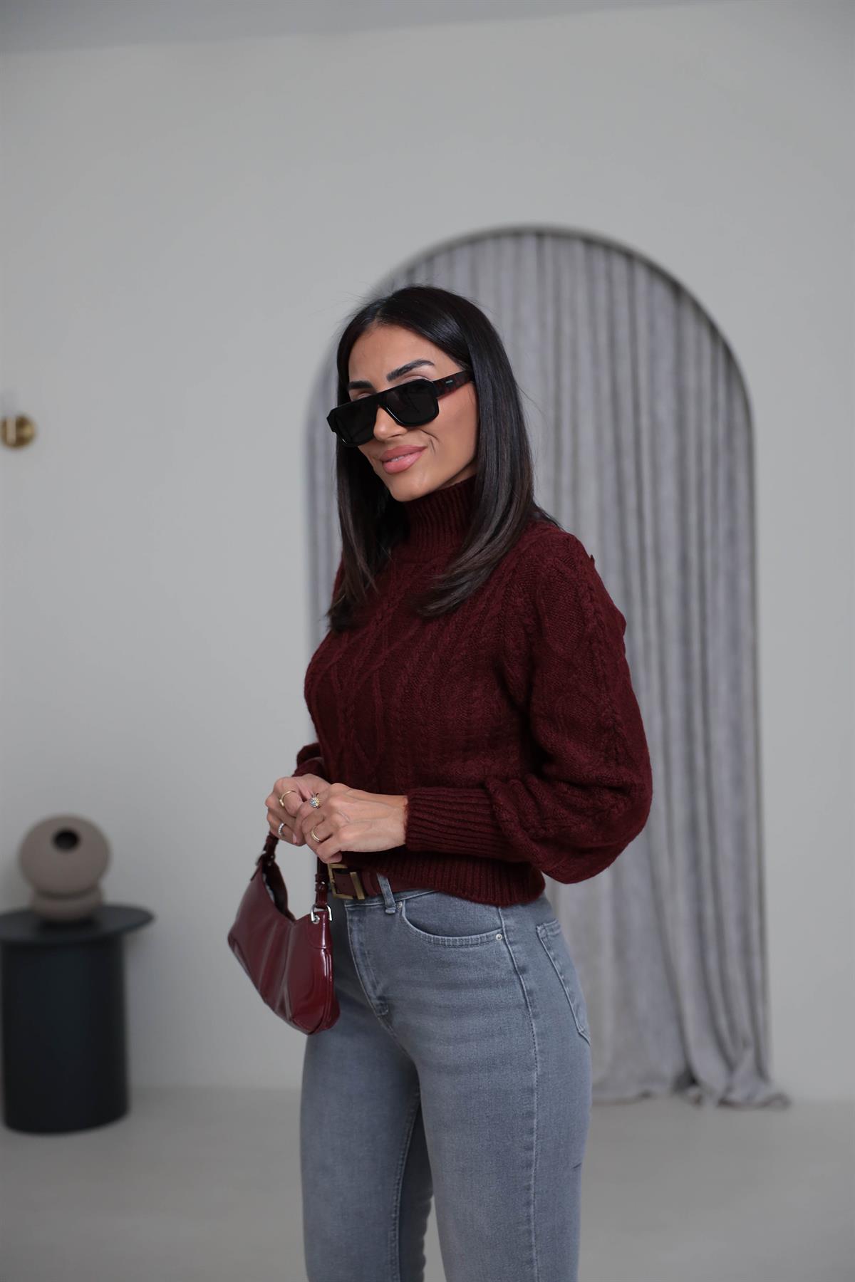 2549 Balıkçı Yaka Örgü Desen Kazak BORDO