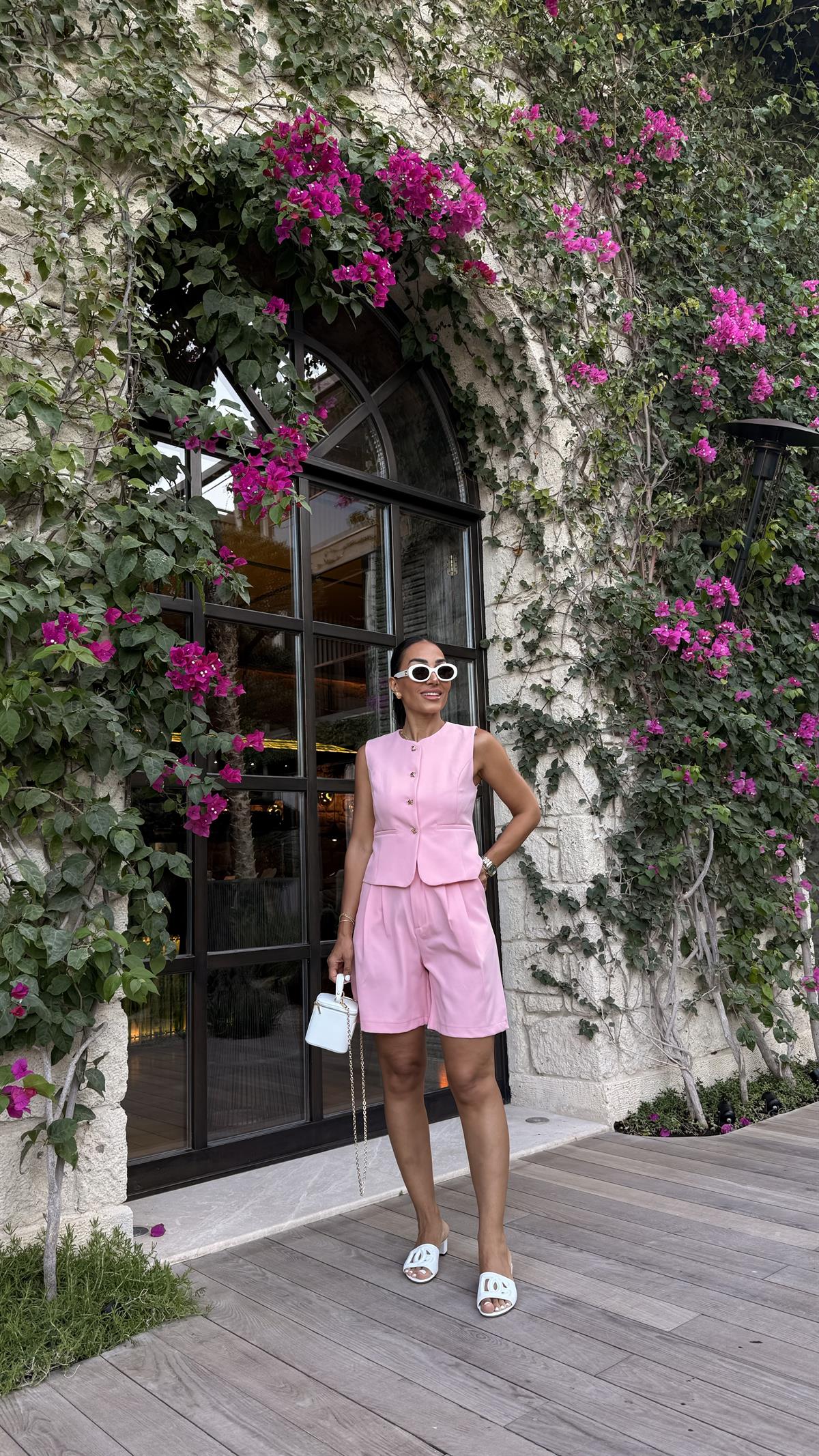 0292 Gold Düğmeli Yelek & Şort Takım PEMBE