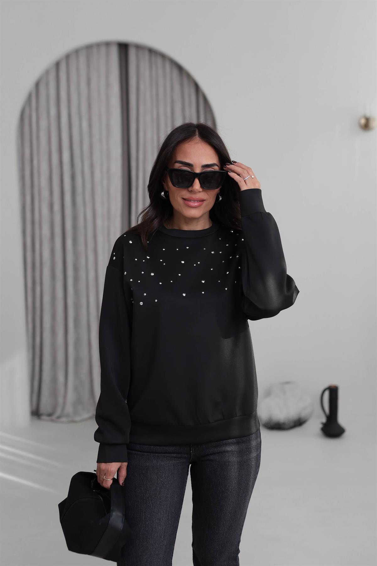 5902 Serpme Taşlı Scuba Sweatshirt SİYAH