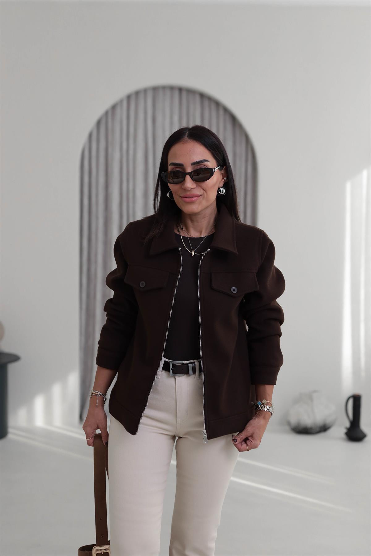 2806 Gömlek Yaka Detay Kaşe Ceket KAHVE