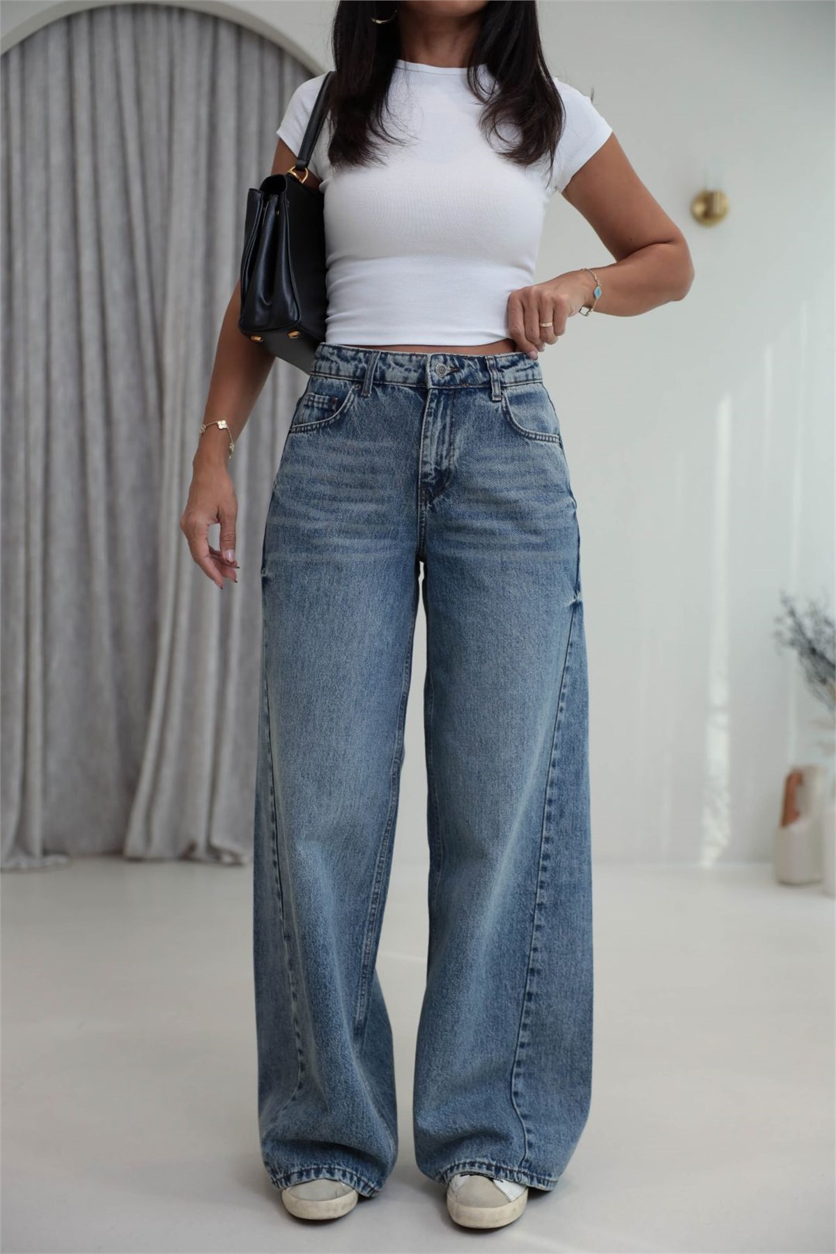 1020 Dikiş Detaylı Wide Leg Denim Pantolon AÇIK MAVİ