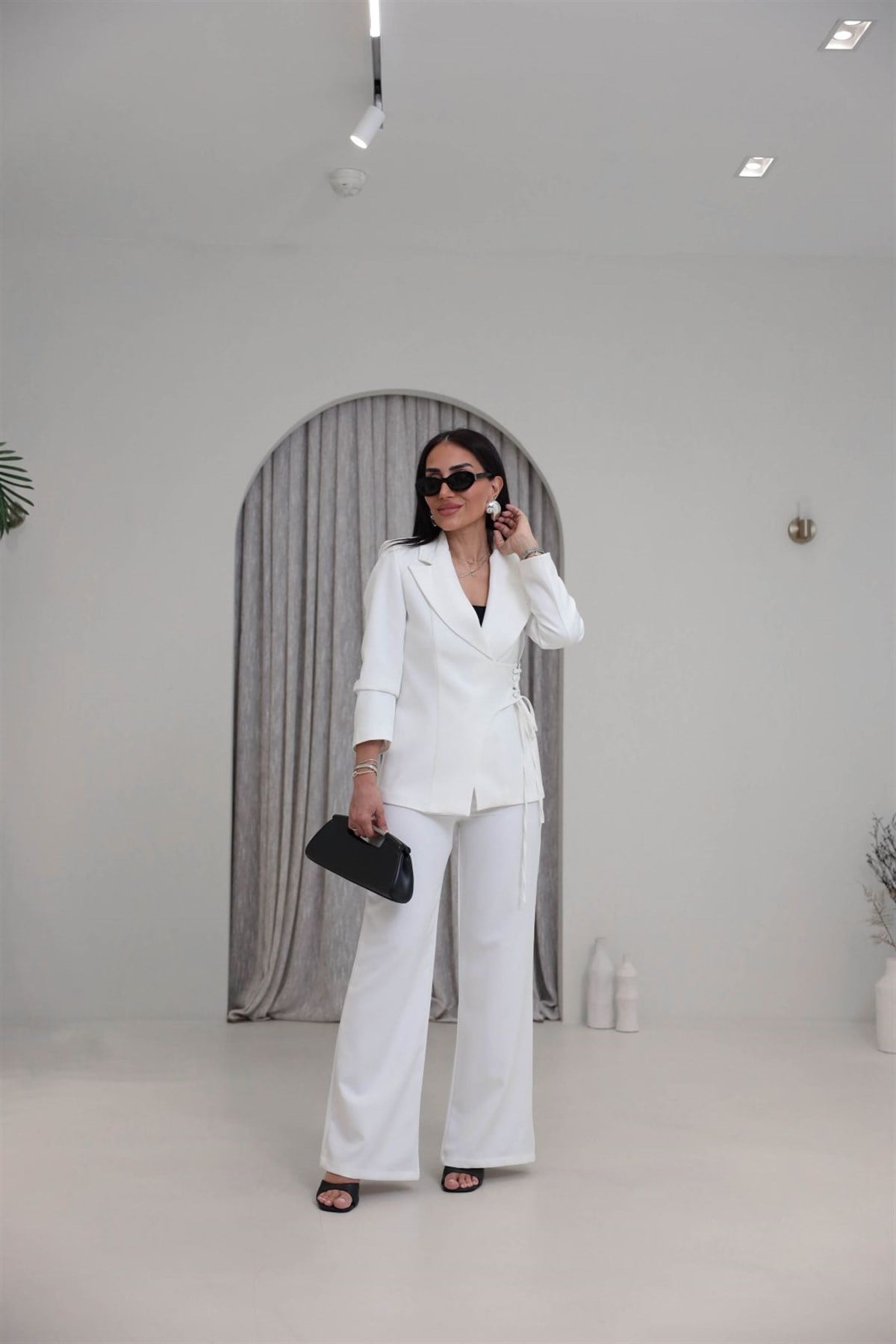 9295 Yandan Kuşgözü Bağlama Detaylı Ceket Pantolon Takım BEYAZ