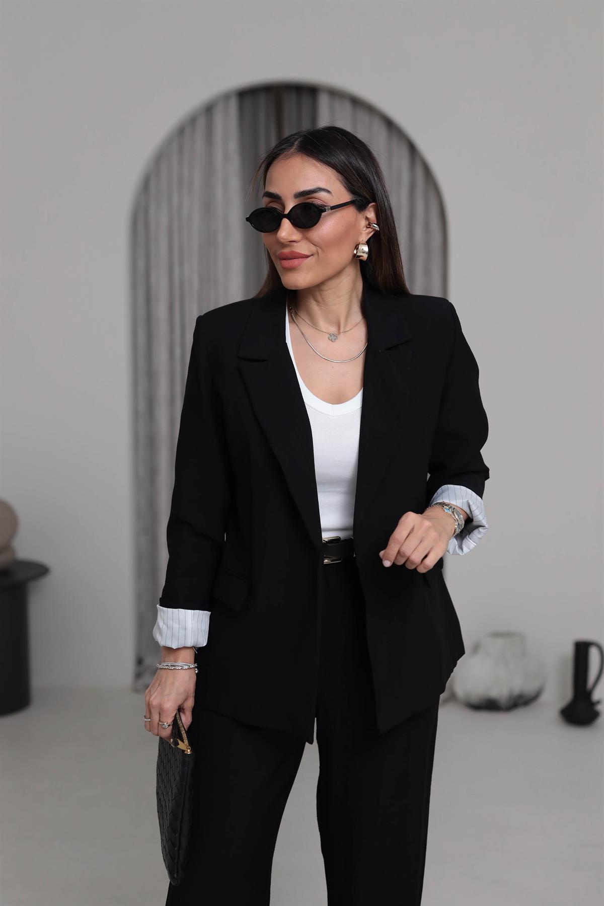 50178 Aeronbin Kol Katlamalı Çizgili Blazer Ceket SİYAH