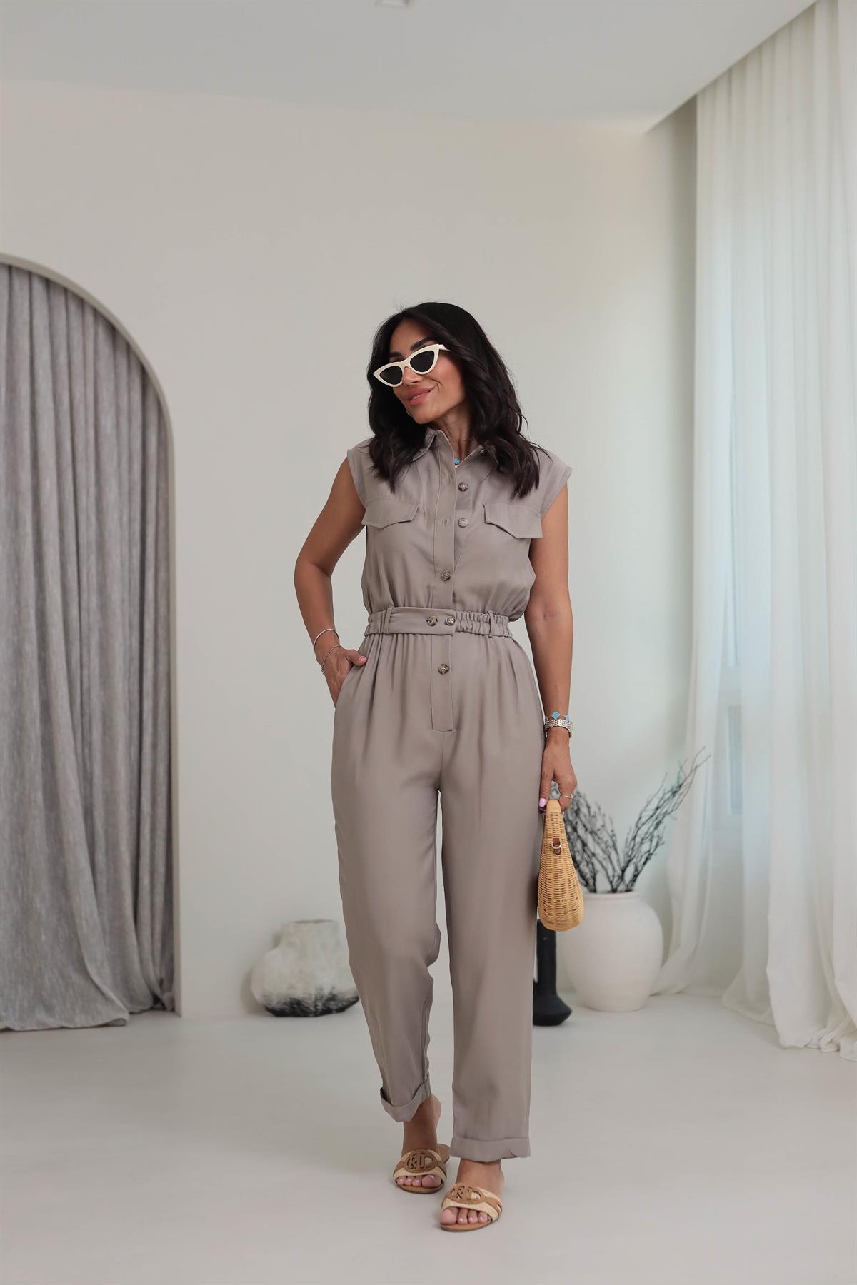 0107 Polo Yaka Kemerli Tencel Tulum AÇIK HAKİ