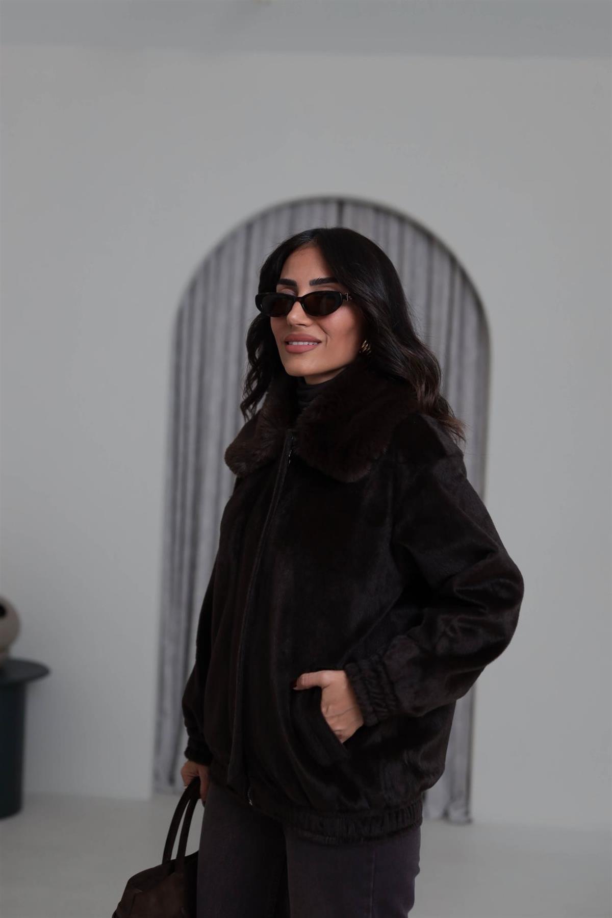 0099 Yaka Kürklü Alpaka Kaban KAHVE