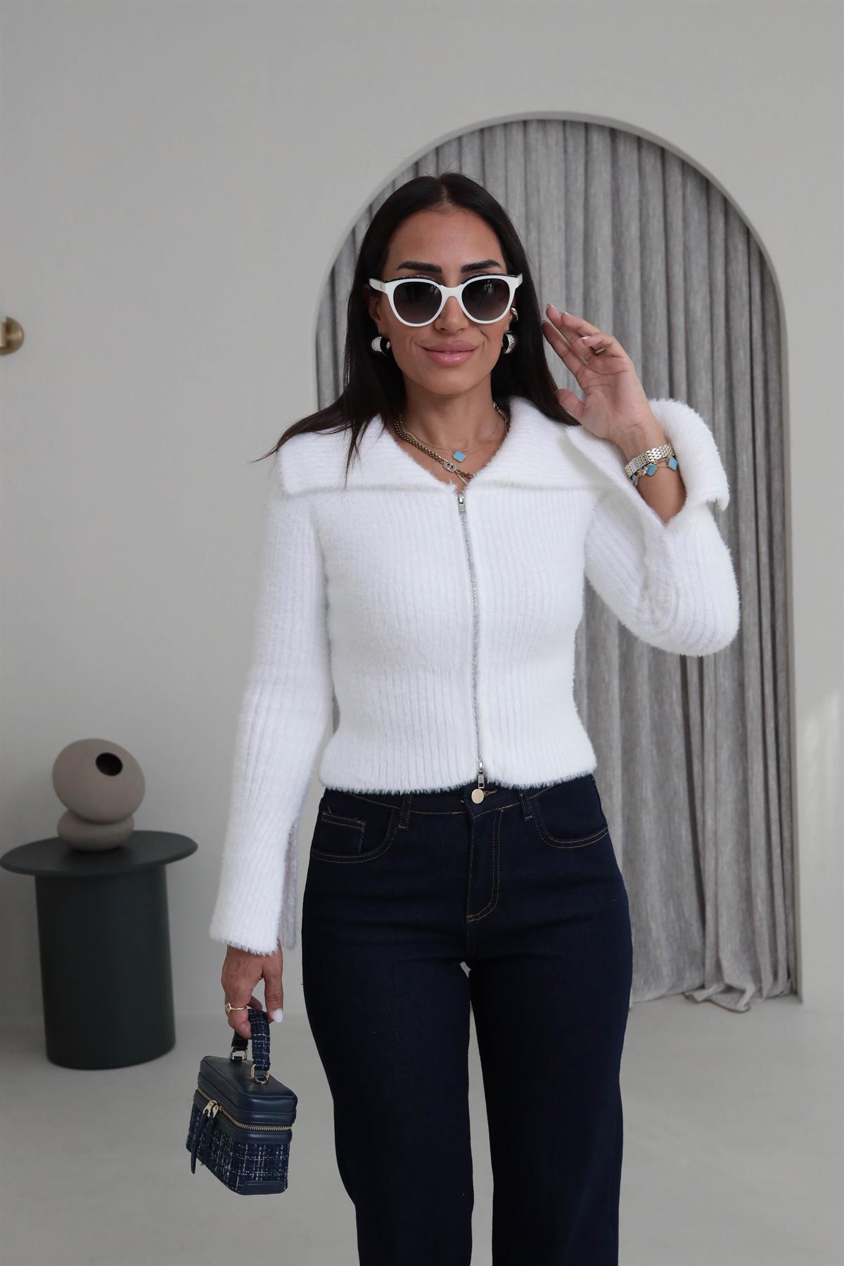 4952 Çift Fermuarlı Kol Yırtmaçlı Triko Hırka Bluz EKRU