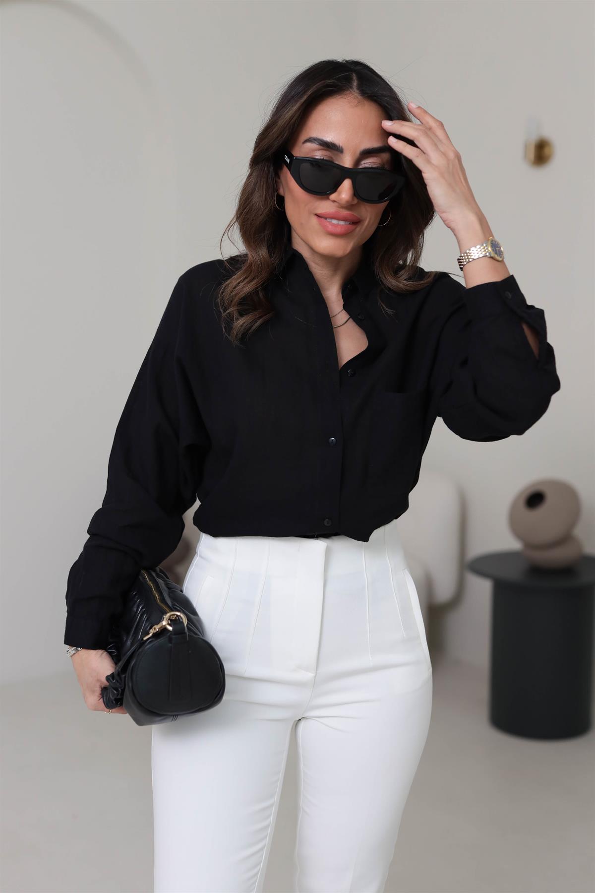 4294 Cep Detaylı Pamuklu Dokulu Gömlek SİYAH