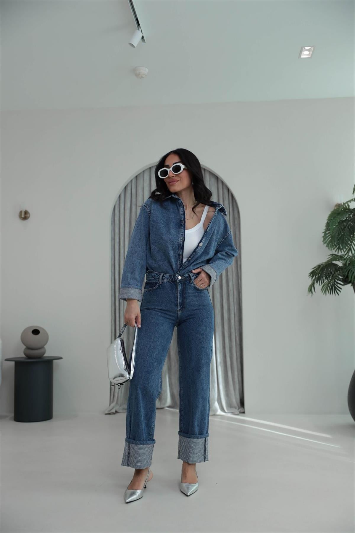 0191 Kol ve Paça Uçları Taşlı Denim Takım MAVİ