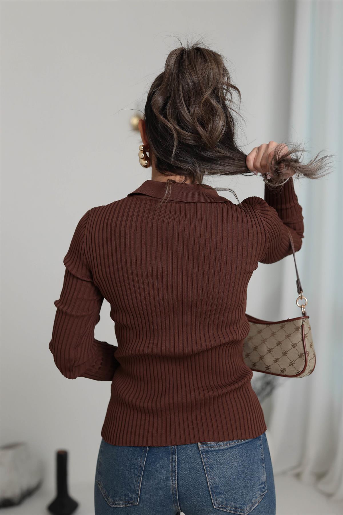 0701 Polo Yaka Fitilli Triko Hırka KAHVE