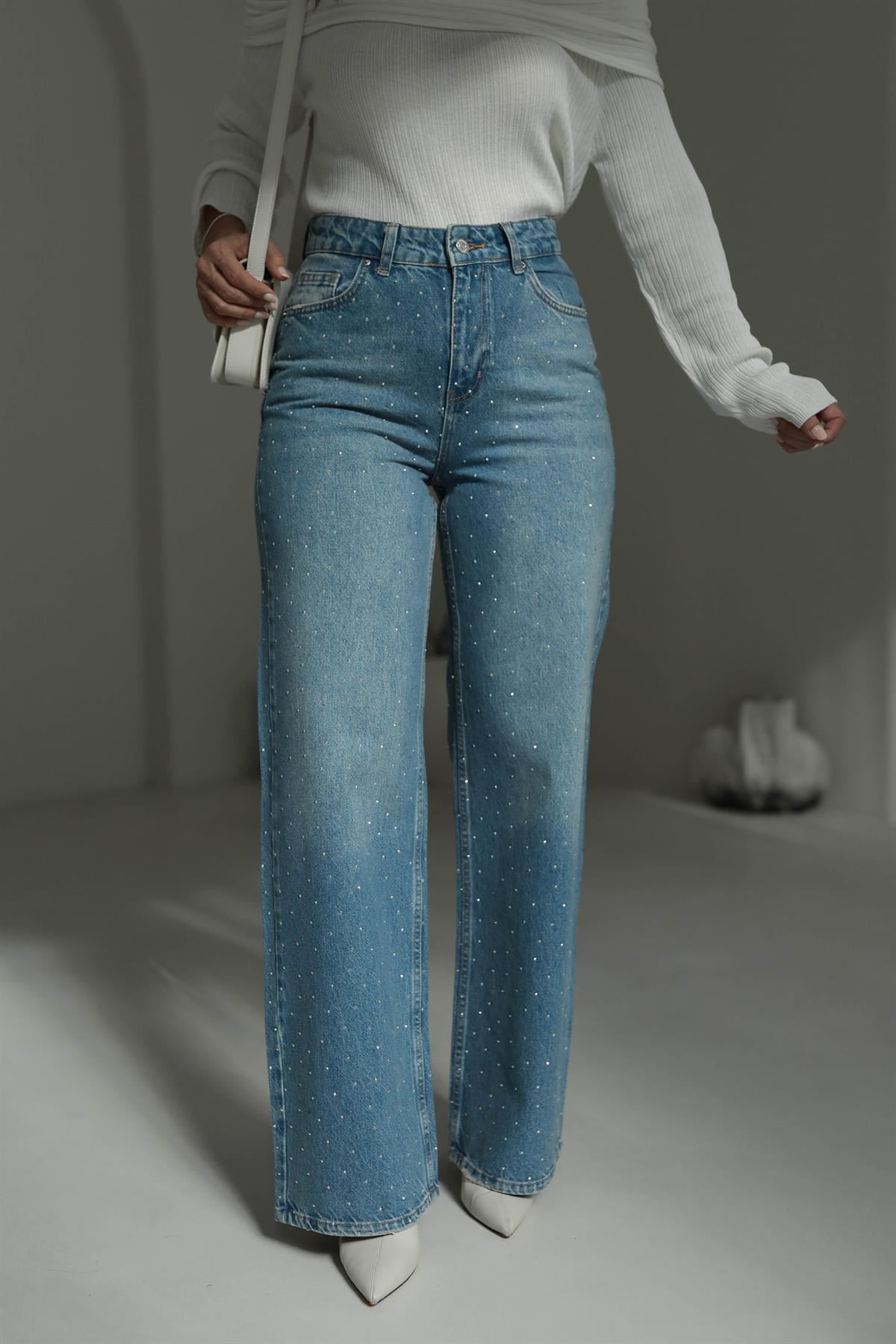 T1071 Yüksek Bel Taşlı Palazzo Jean MAVİ
