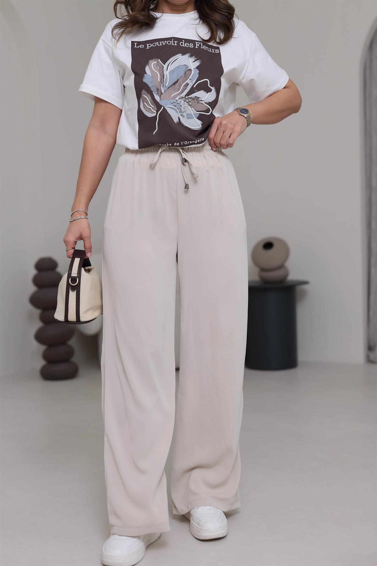 0858 Bel Lastikli Döküm Palazzo Pantolon TAŞ