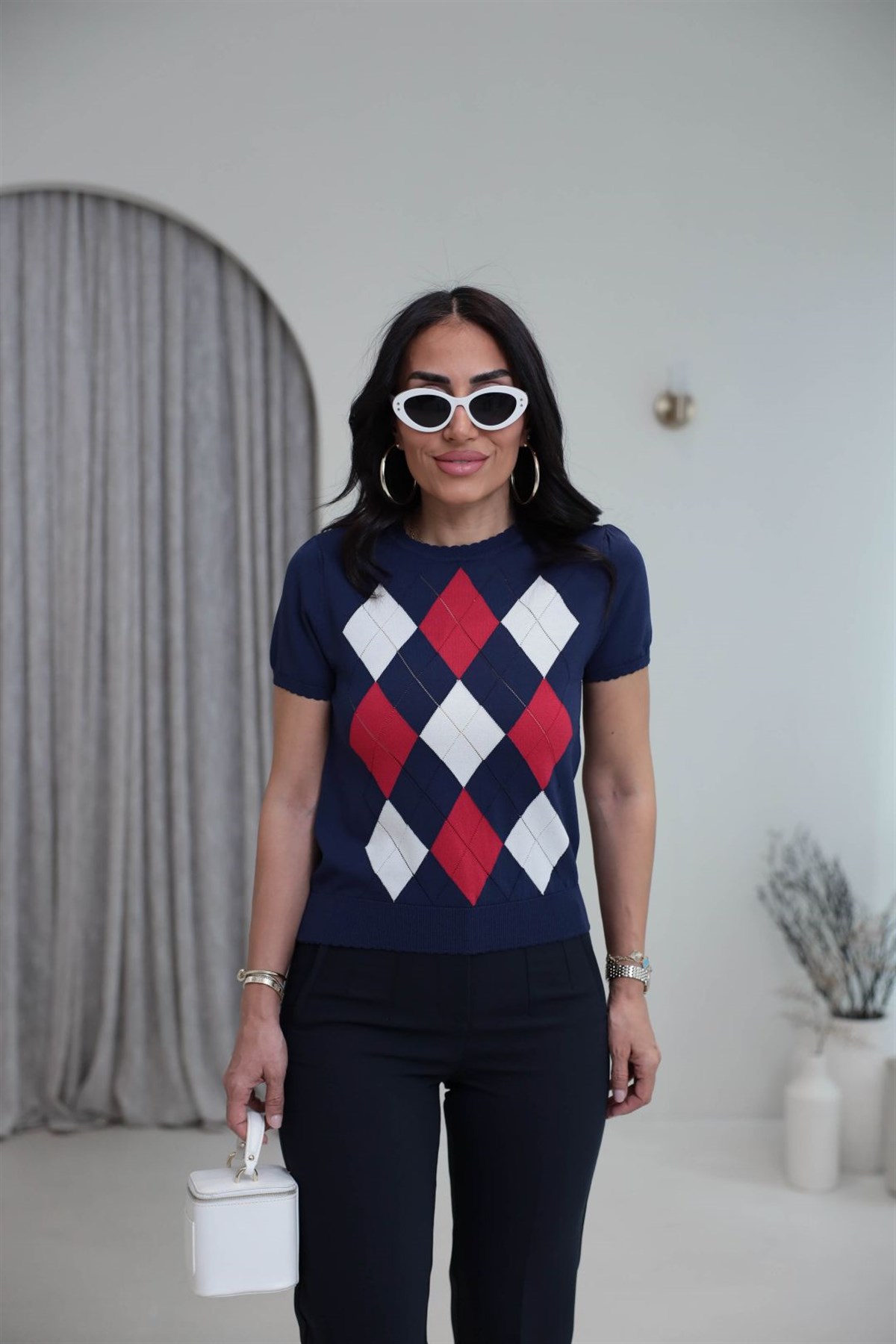 0617 Baklava Desenli Rayon Triko Bluz LACİVERT