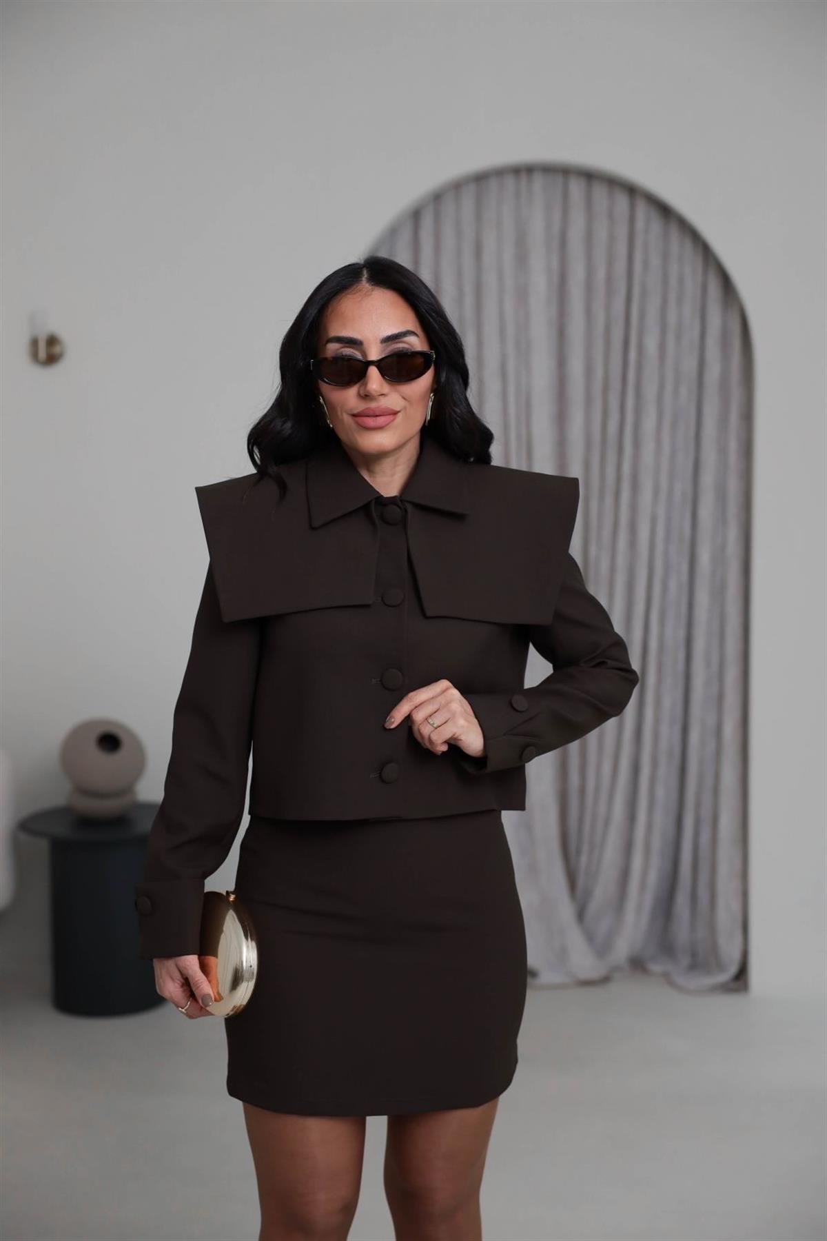 8945 Yaka Detay Ceketli Etekli Takım KAHVE