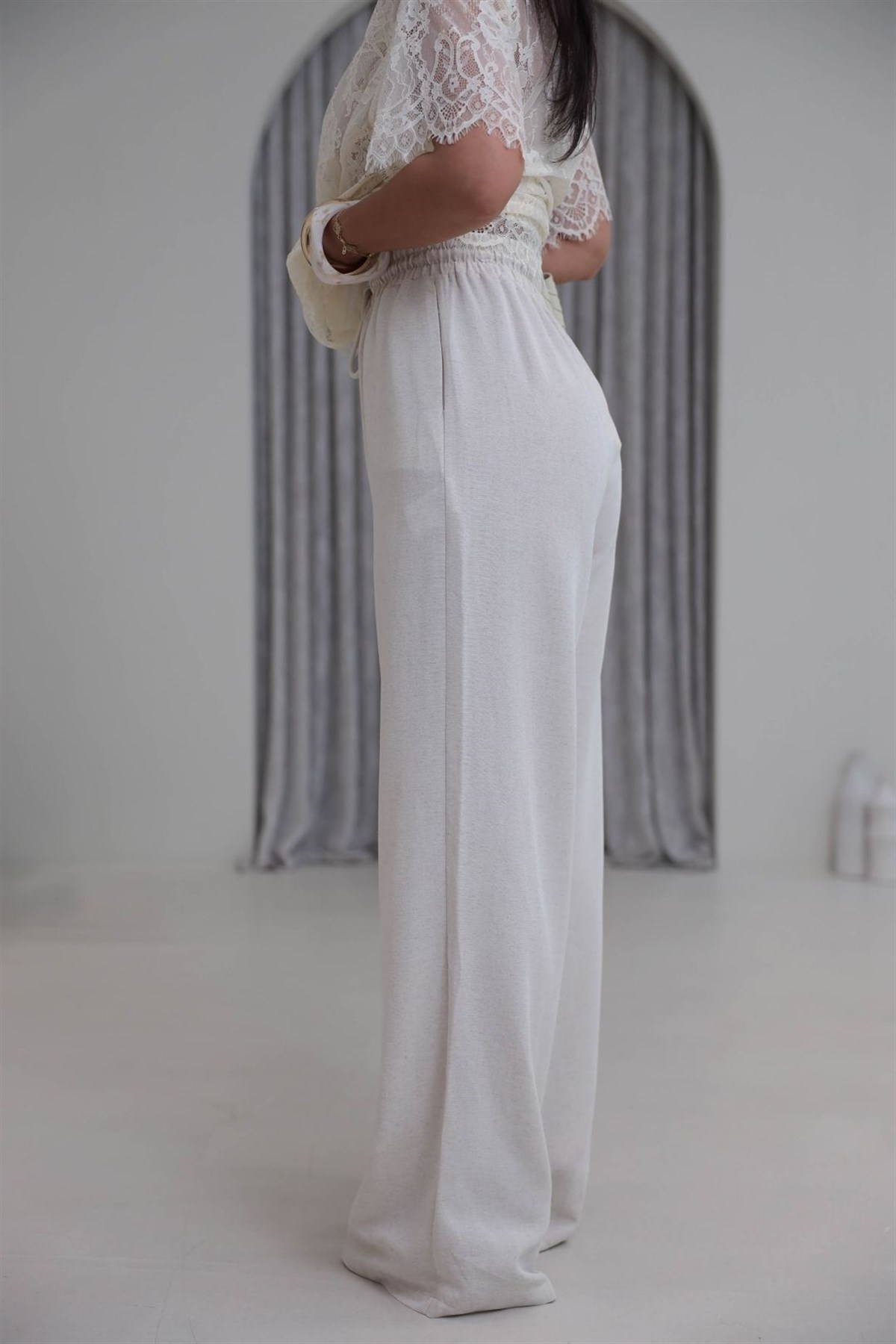 0298 Beli Lastikli Bol Paça Keten Pantolon NATURAL