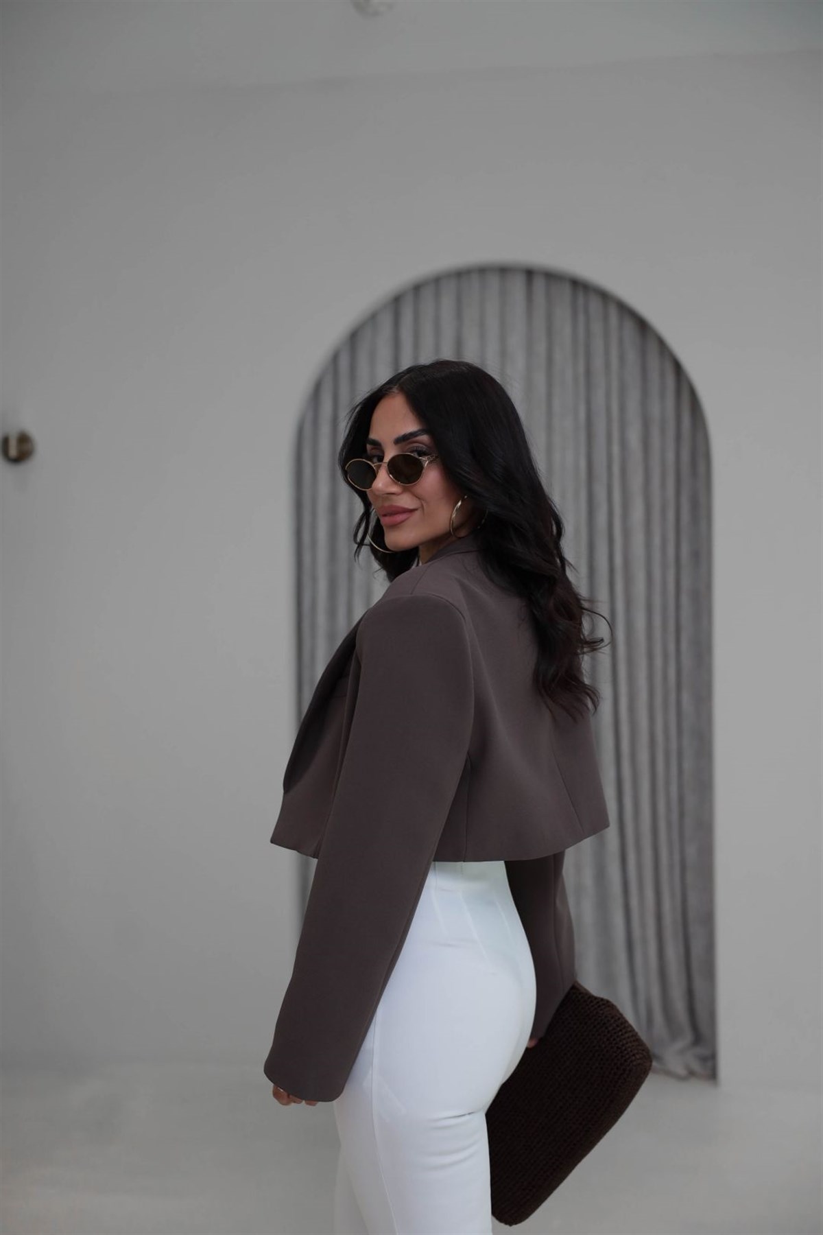 9704 Vatkalı Kısa Ceket KAHVE