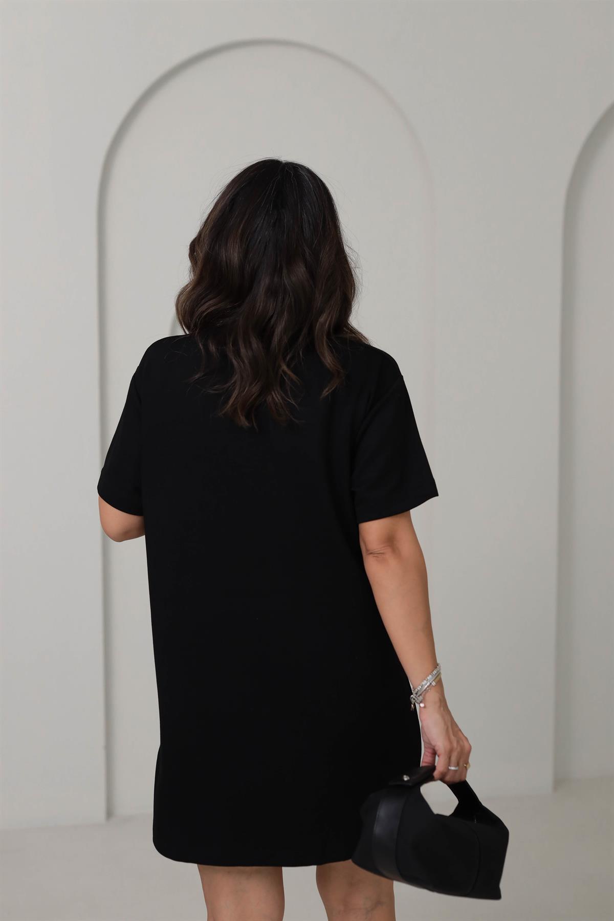 1570 Baskılı Modal Kumaş Rahat Kalıp Elbise SİYAH