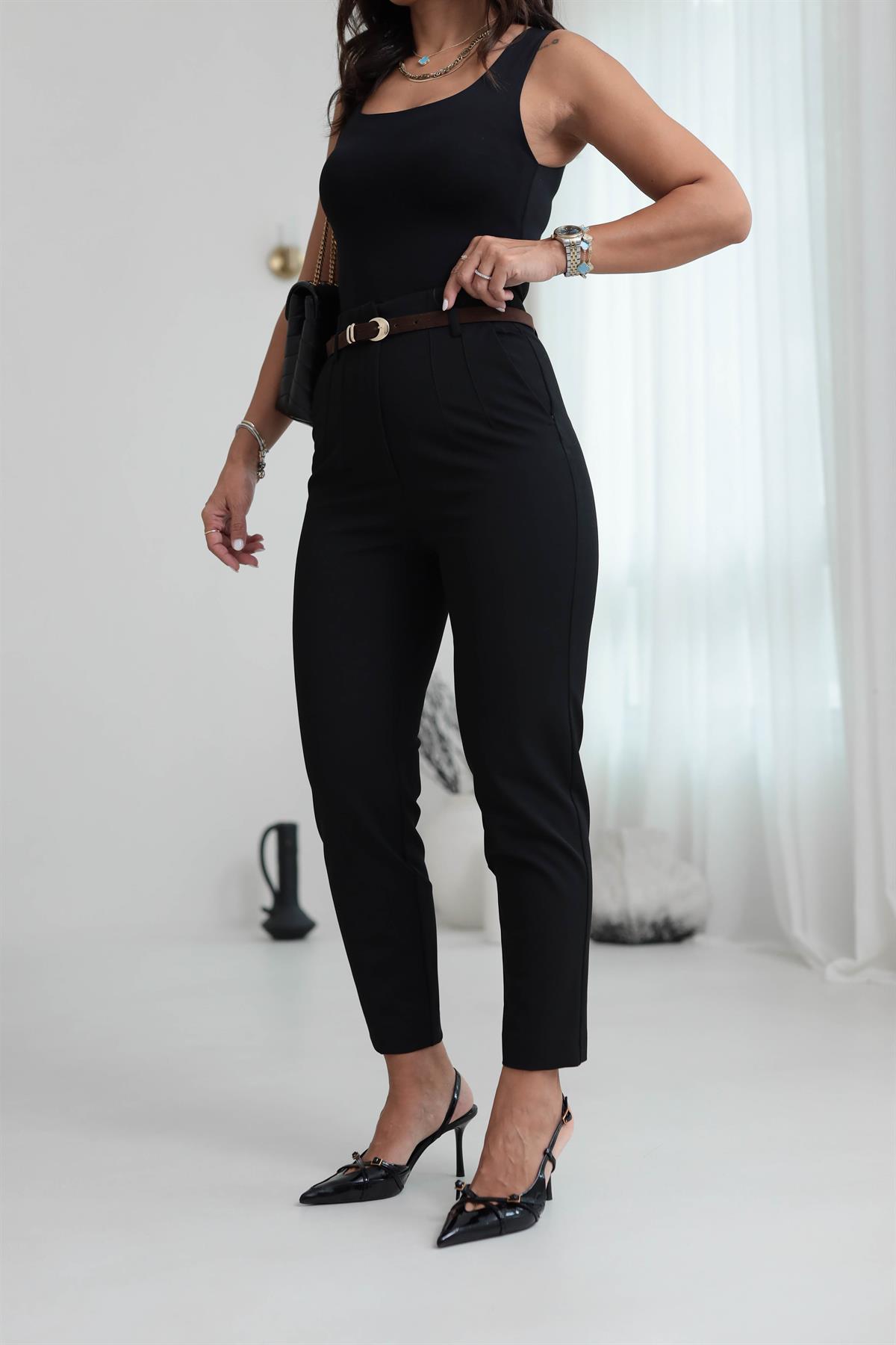 2181 Kemerli Yüksek Bel Pantolon SİYAH