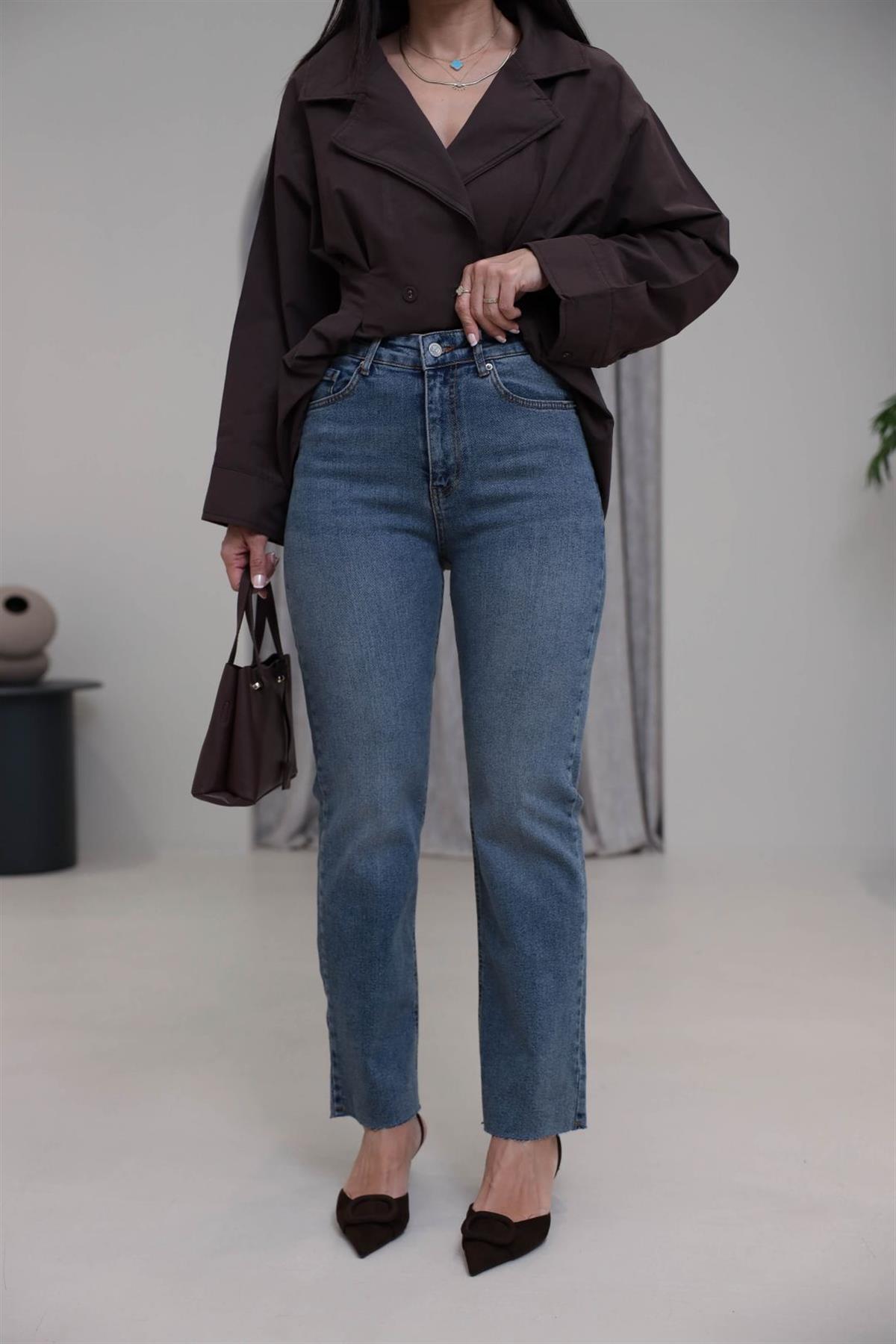 2006 Paça Kesikli Yüksek Bel Straight Jean TİNTLİ MAVİ