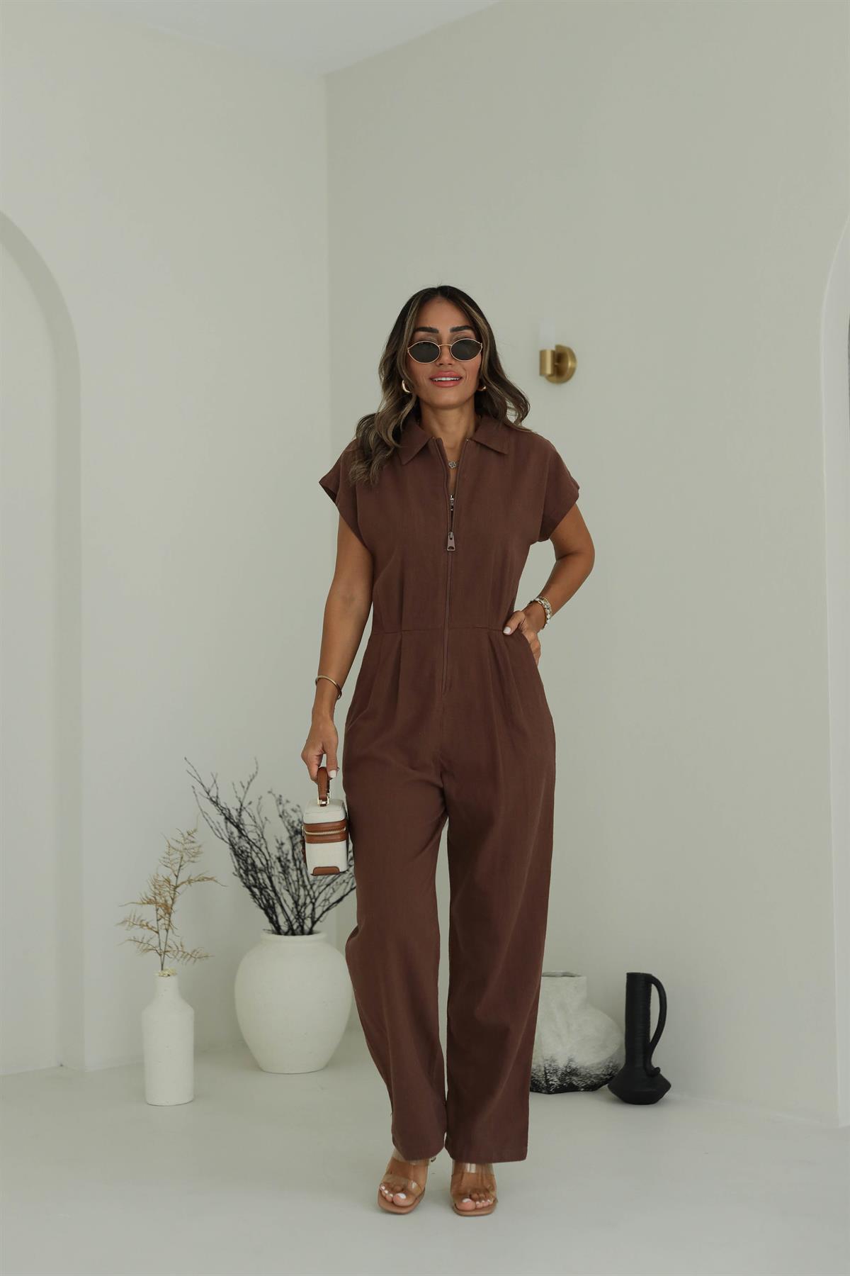 1310 Önden Fermuarlı Keten Tulum