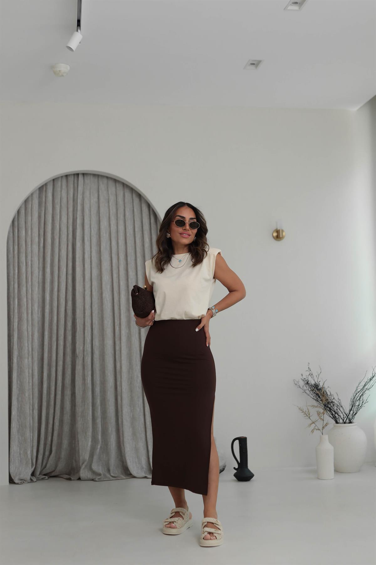 4861 Uzun Yırtmaçlı Modal Etek KAHVE