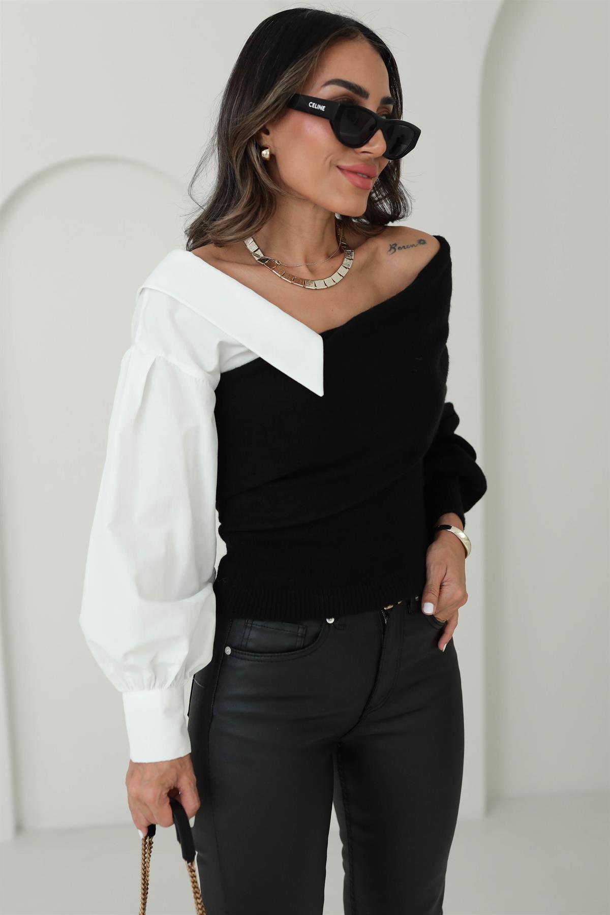 4256 Gömlek Garnili Triko Bluz SİYAH