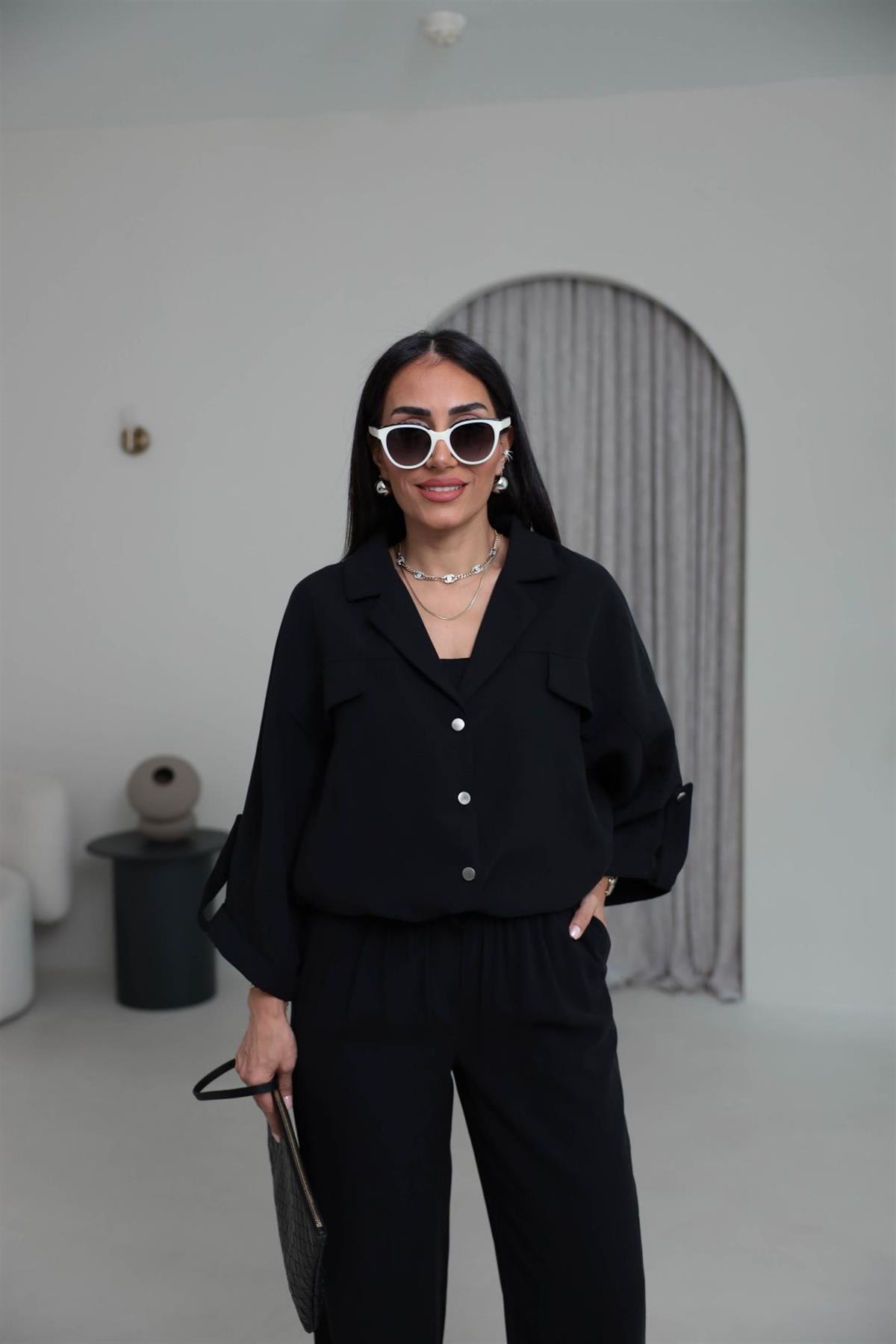 T0666 Tasarım Gabardin Tencel Takım SİYAH