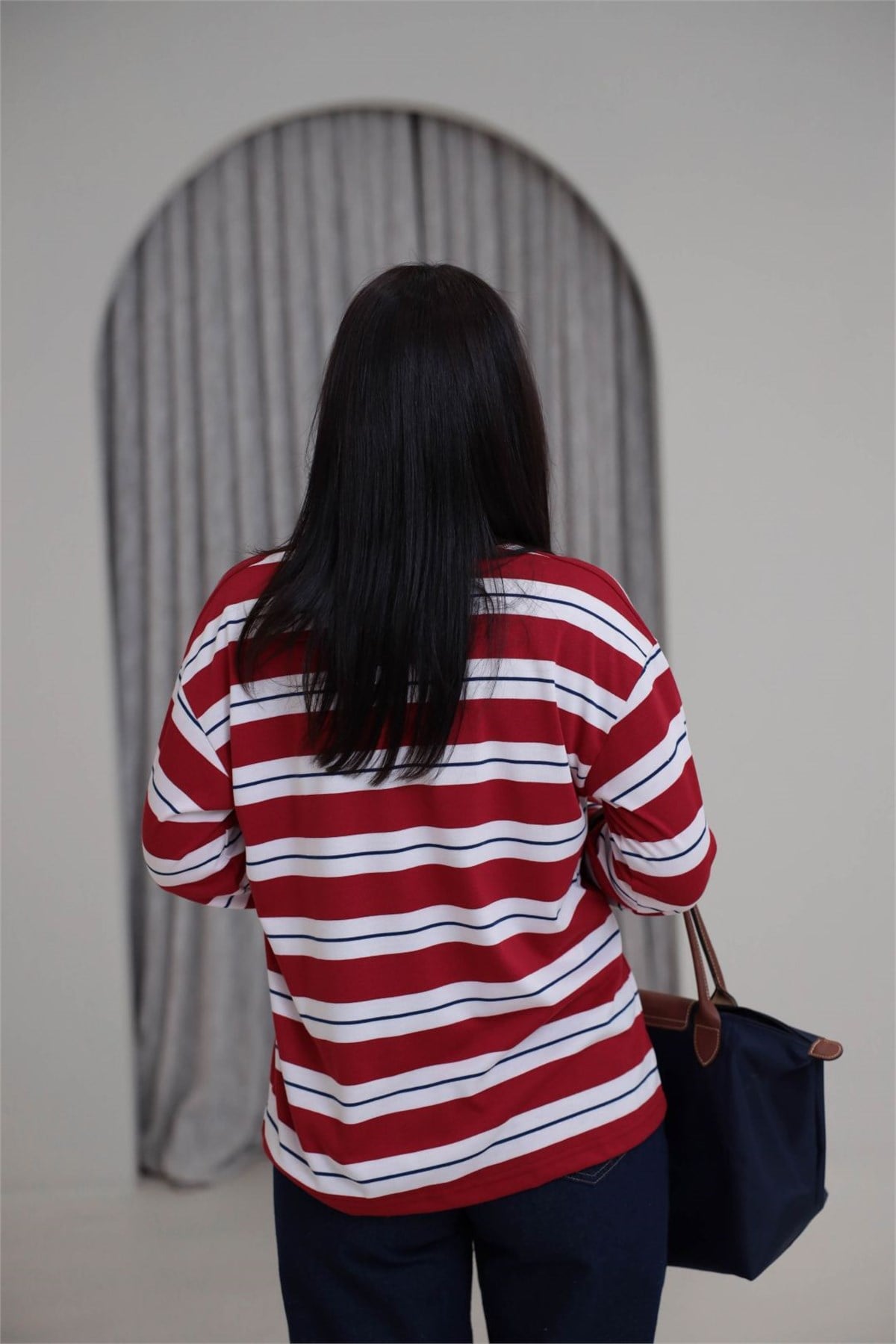 6357 Çizgi Detaylı Yumuşak Kumaş Sweatshirt KIRMIZI