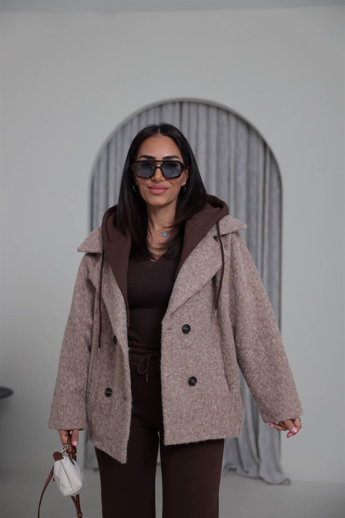 9690 Kapşon Detaylı Buklet Kaban VİZON-KAHVE