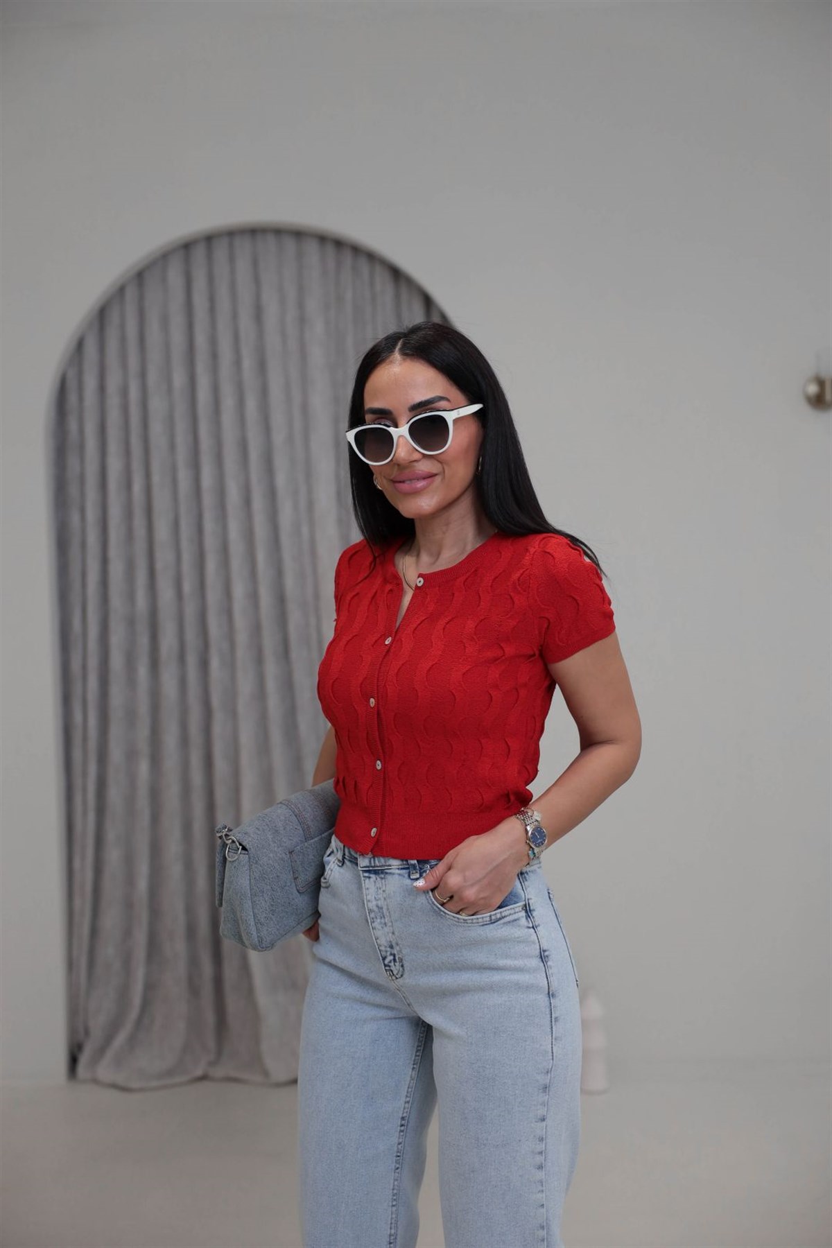 0980 Bisiklet Yaka Dokulu Düğmeli Triko KIRMIZI