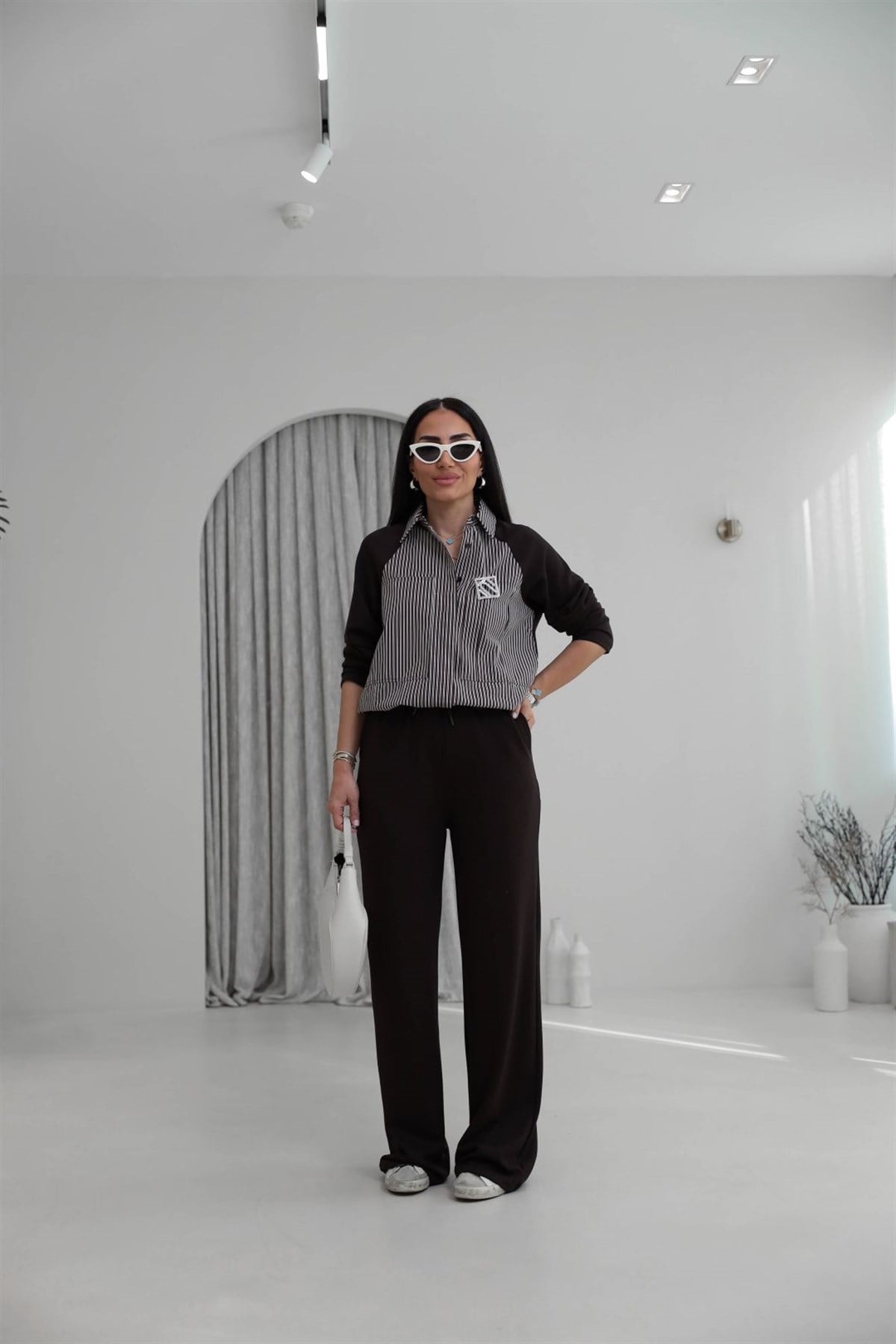 7145 Broşlu Gömlek Mixli Modal Takım KAHVE