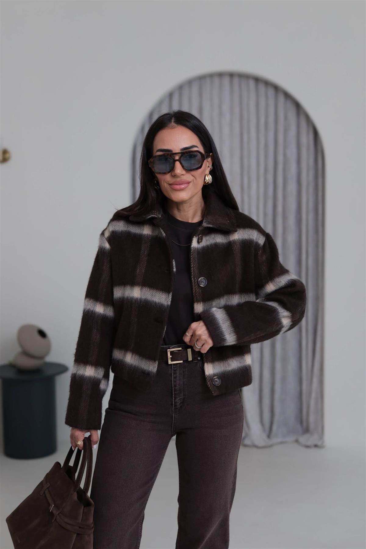 5115 Arkası Büzgü Detaylı Ekose Astarlı Ceket ACI KAHVE