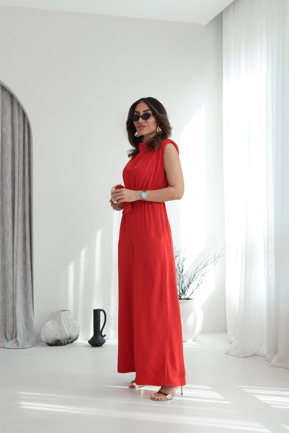 419 Vatkalı Sırt Dekolteli Kuşaklı Tulum NAR ÇİÇEĞİ