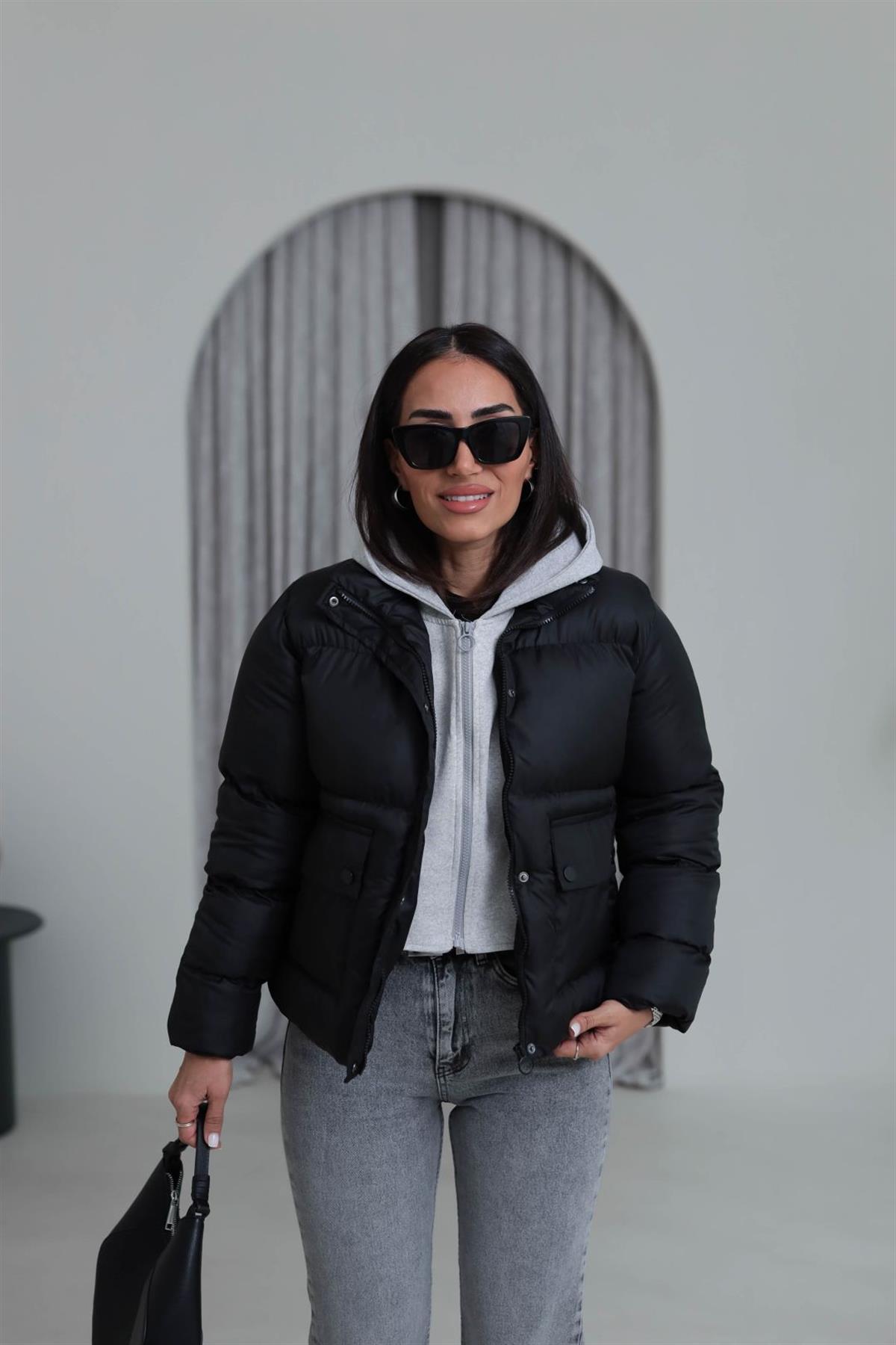 2148 Kapşonlu Şişme Mont SİYAH